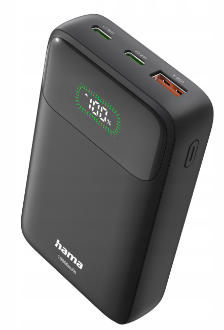 Czarny powerbank Hama 10000mAh z cyfrowym wyświetlaczem i trzema portami.