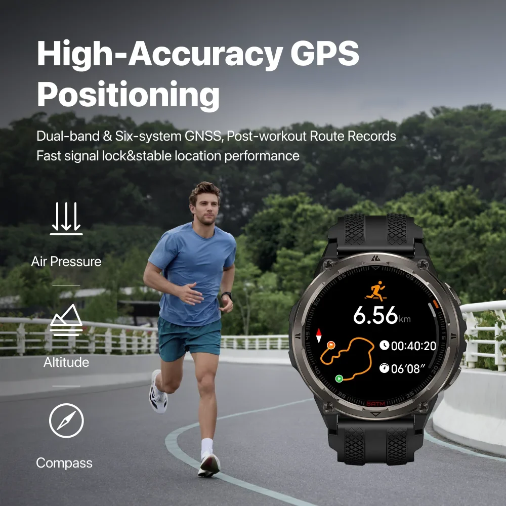 Futó az úton és egy okosóra GPS-adatokkal és útvonaltérképpel.