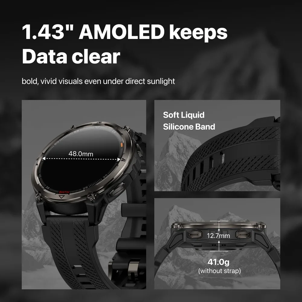 Okosóra 1.43" AMOLED kijelzővel, 48mm szélességgel, 12.7mm vastagsággal, 41g súllyal és szilikon szíjjal.