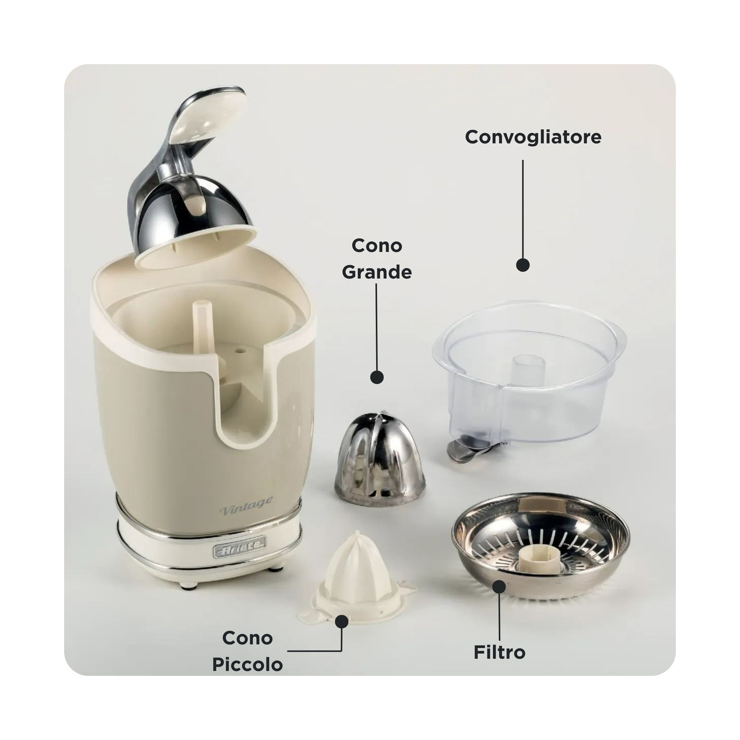 Unspremiagrumi beige e argento mostrato con le sue parti smontate e etichette come Cono Grande, Filtro.