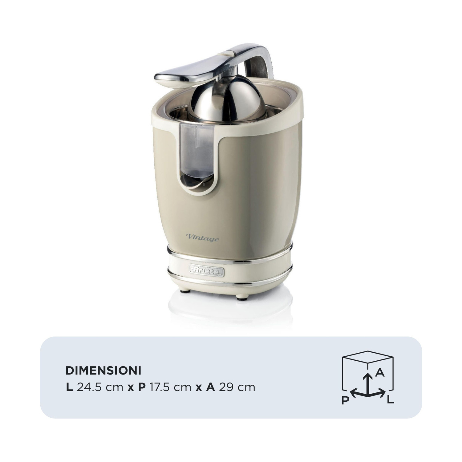 Spremiagrumi Ariete Vintage beige e argento con dimensioni 24,5x17,5x29 cm in basso.