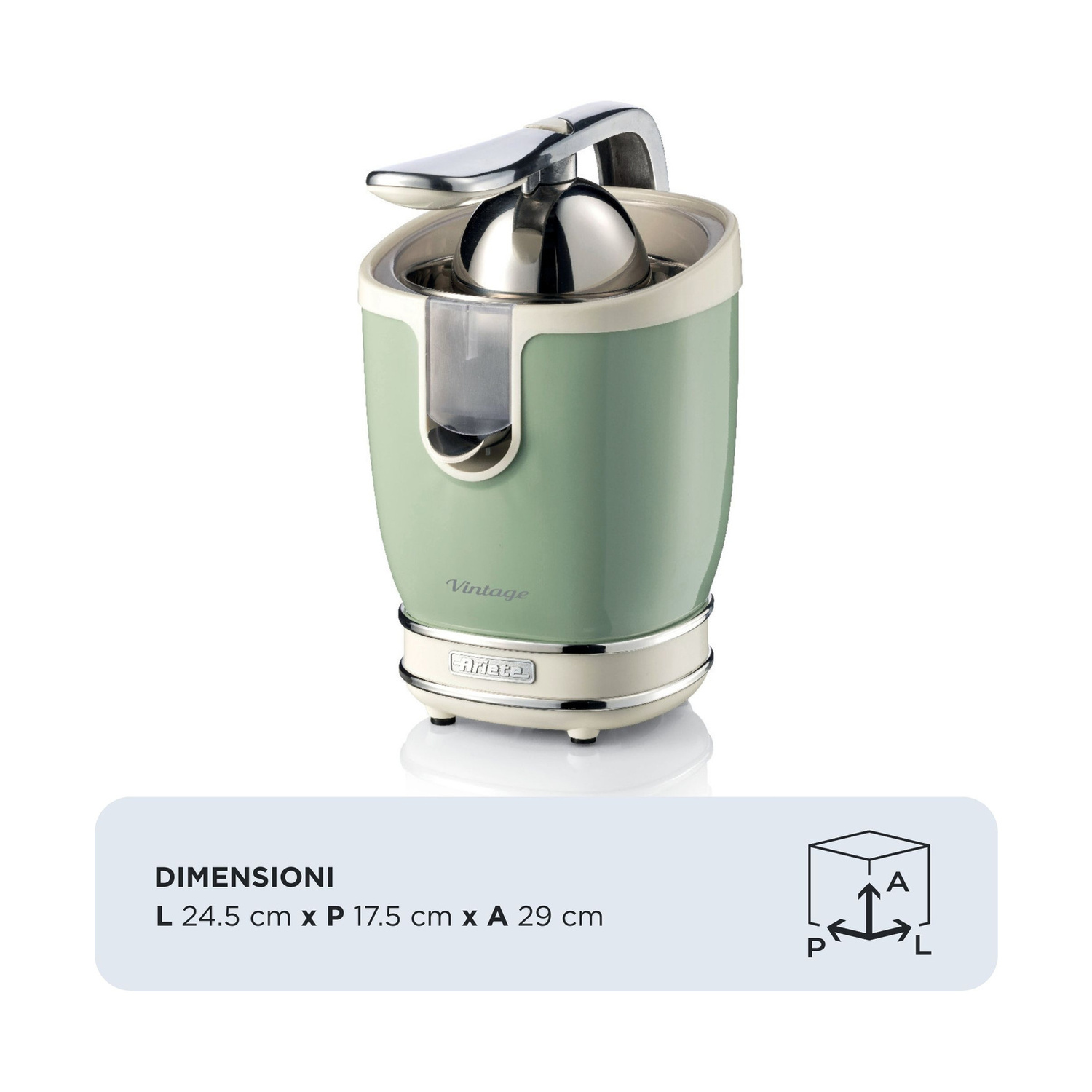 Spremiagrumi Ariete Vintage verde con dettagli cromati e dimensioni in basso.