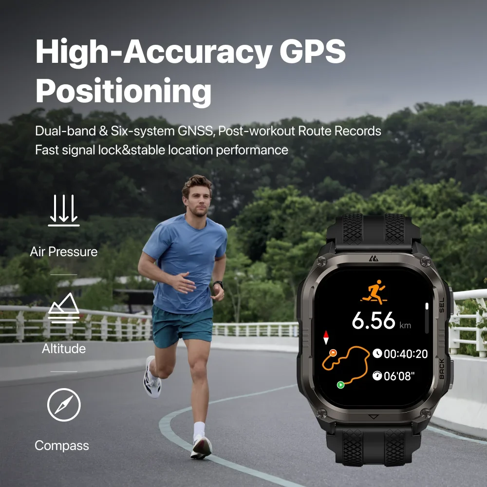 Futó egy úton egy nagy okosóra mellett, amely GPS- és edzésadatokat mutat.