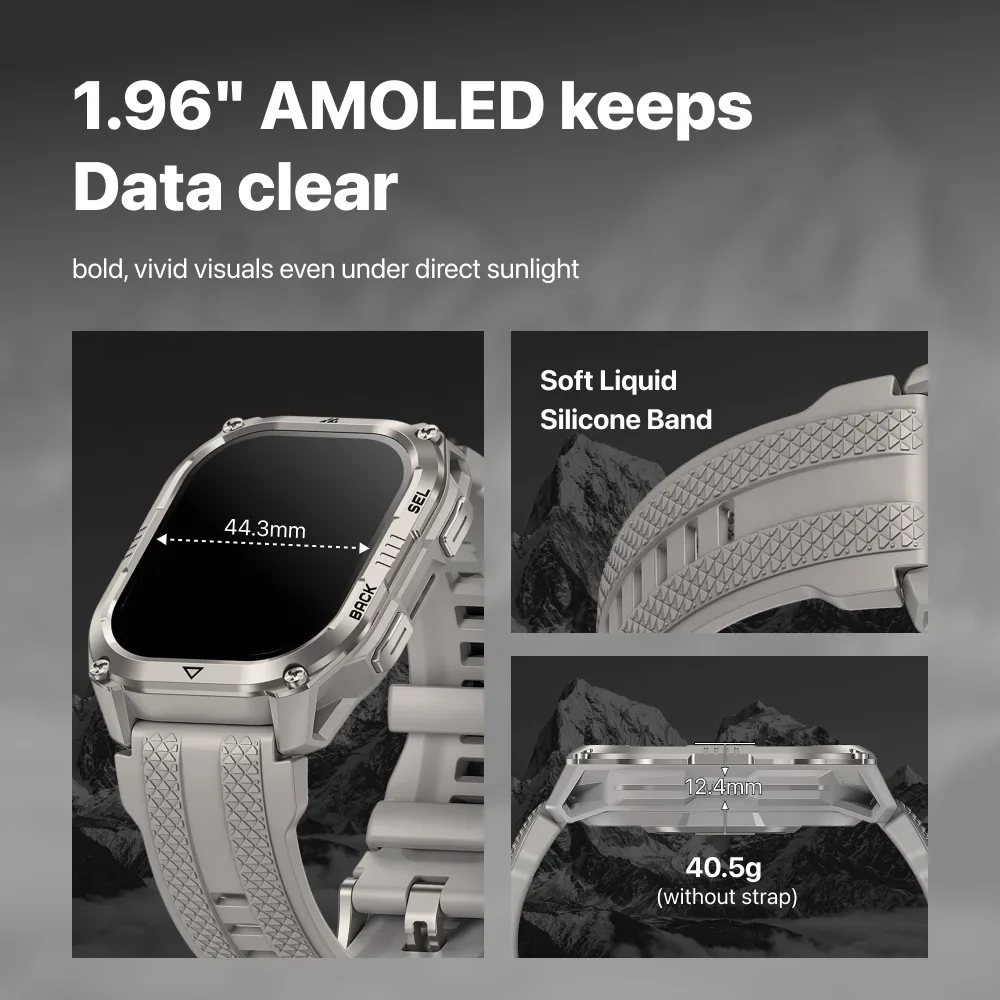 Okosóra specifikációk 1,96 hüvelykes AMOLED képernyővel, szilikon szíjjal és méretekkel.