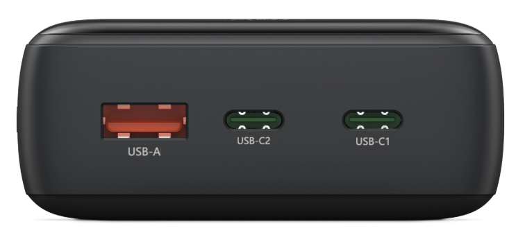 Czarne urządzenie z trzema portami USB: jednym czerwonym USB-A i dwoma zielonymi USB-C.