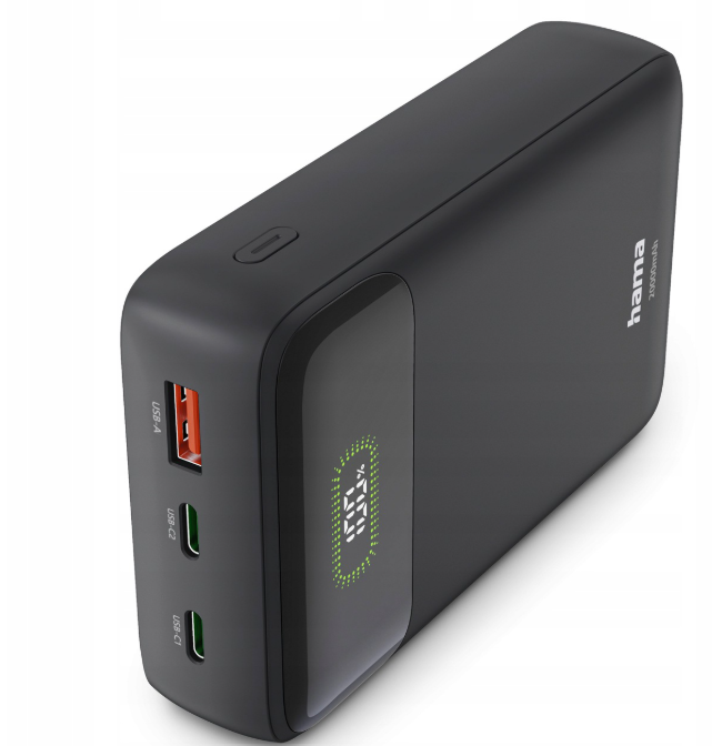 Czarny powerbank Hama z portami USB i cyfrowym wyświetlaczem procentowym na białym tle.