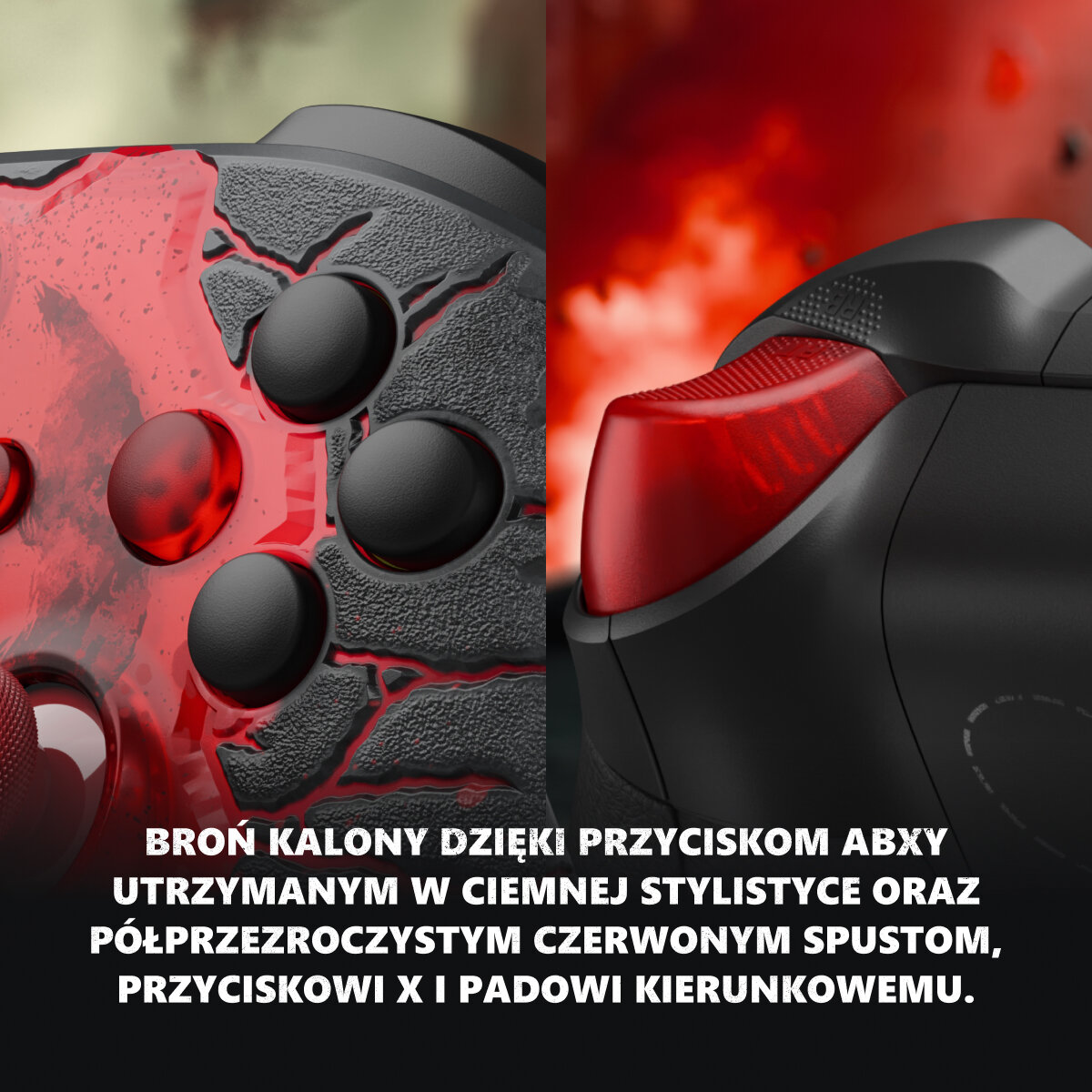 Czarno-czerwony kontroler do gier z fakturowanymi przyciskami i przezroczystymi czerwonymi elementami na czerwonym tle.