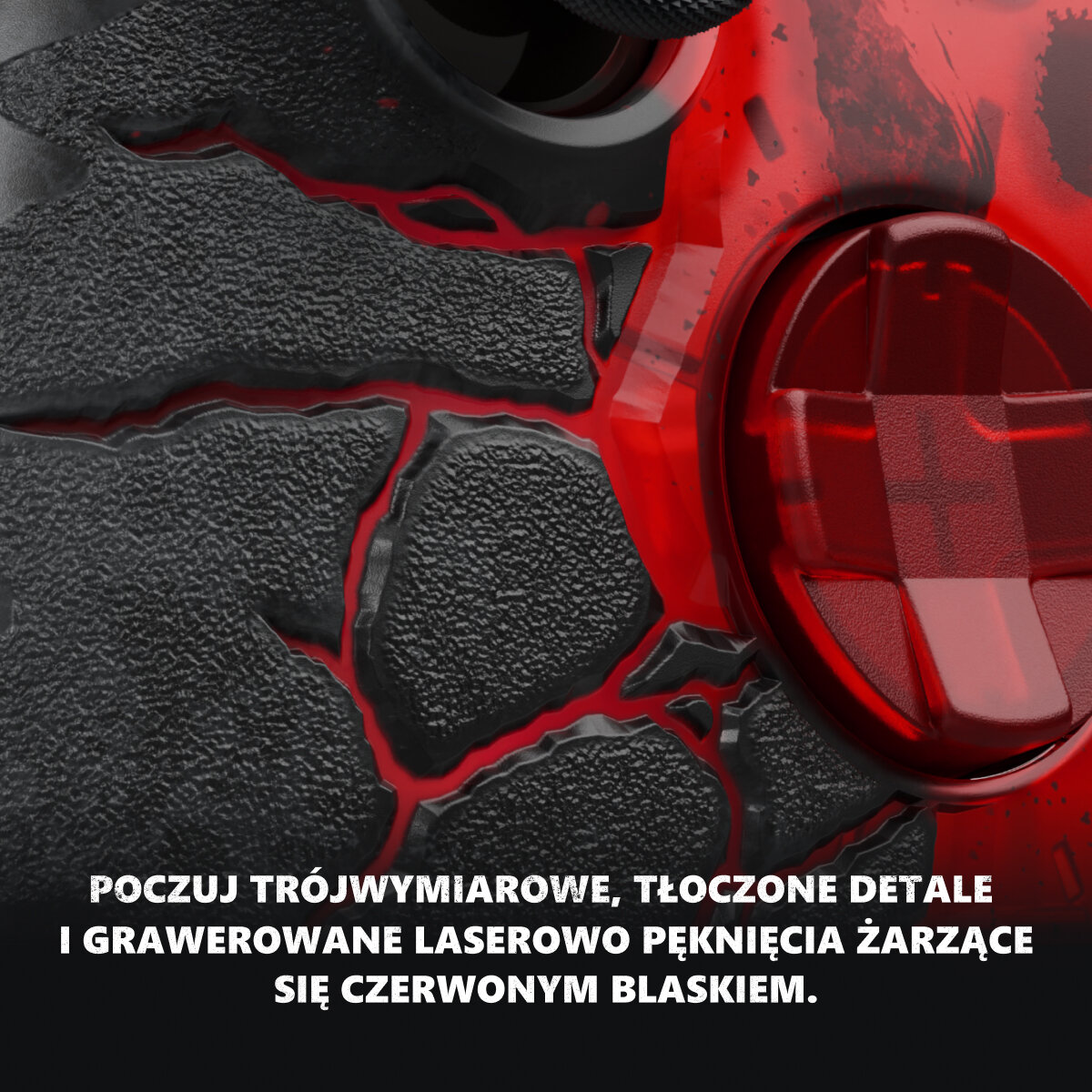 Zblizenie czerwono-czarnego pada z teksturowanymi detalami i swiecacymi czerwonymi pęknieciami.