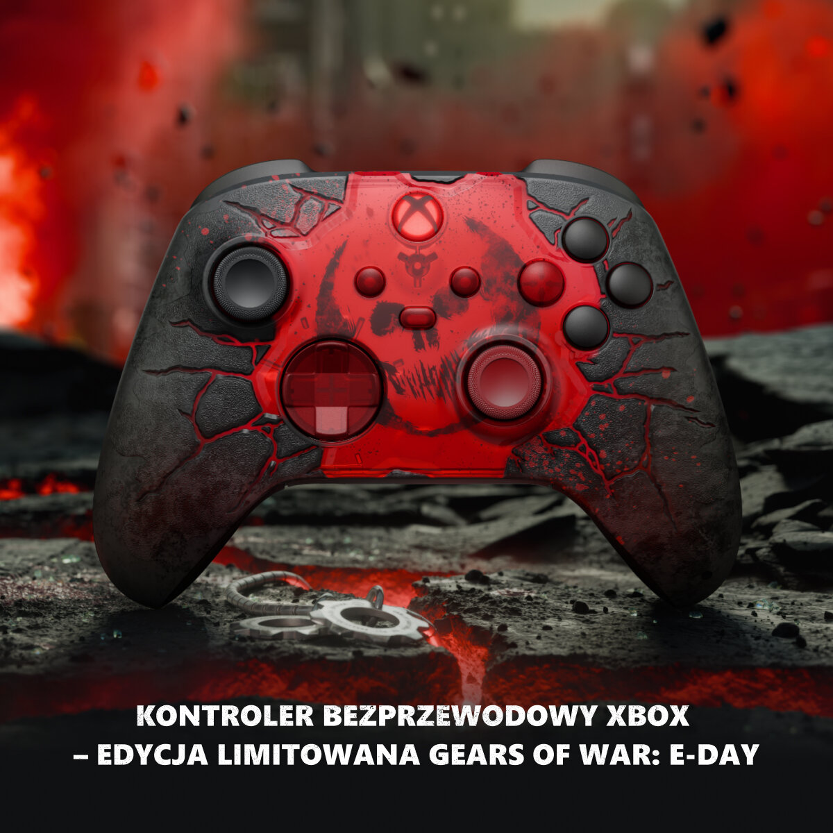 Czerwono-czarny kontroler Xbox Gears of War E-Day na tle dymu i ognia.