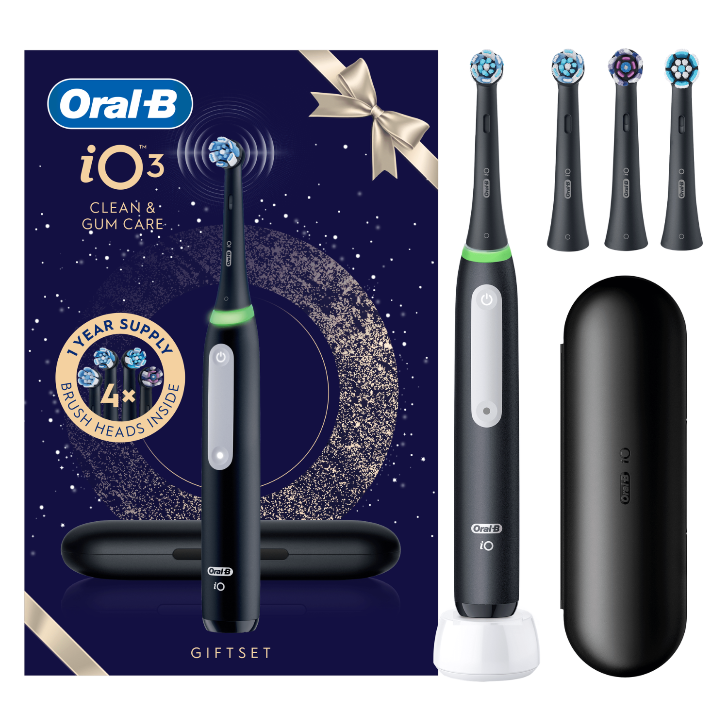Set de regalo Oral-B iO3 con cepillo negro, base de carga, estuche y cuatro cabezales de repuesto sobre fondo azul.