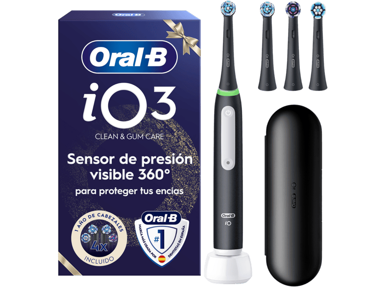 Cepillo eléctrico - Oral-B iO 3S De Dientes, 3 Modos, Sensor de presión, 4 cabezales, Negro mate, Edición Navidad