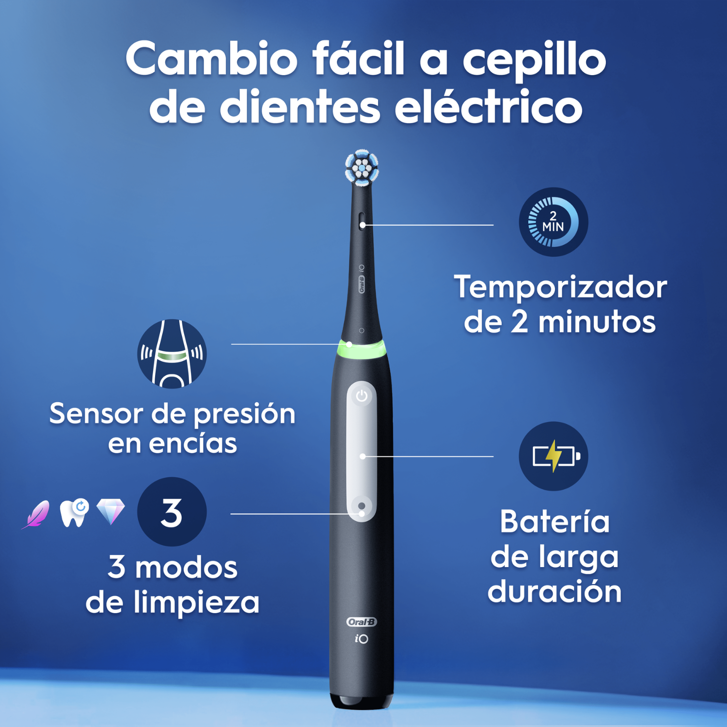 Un cepillo de dientes eléctrico negro sobre fondo azul con temporizador y sensor de presión.