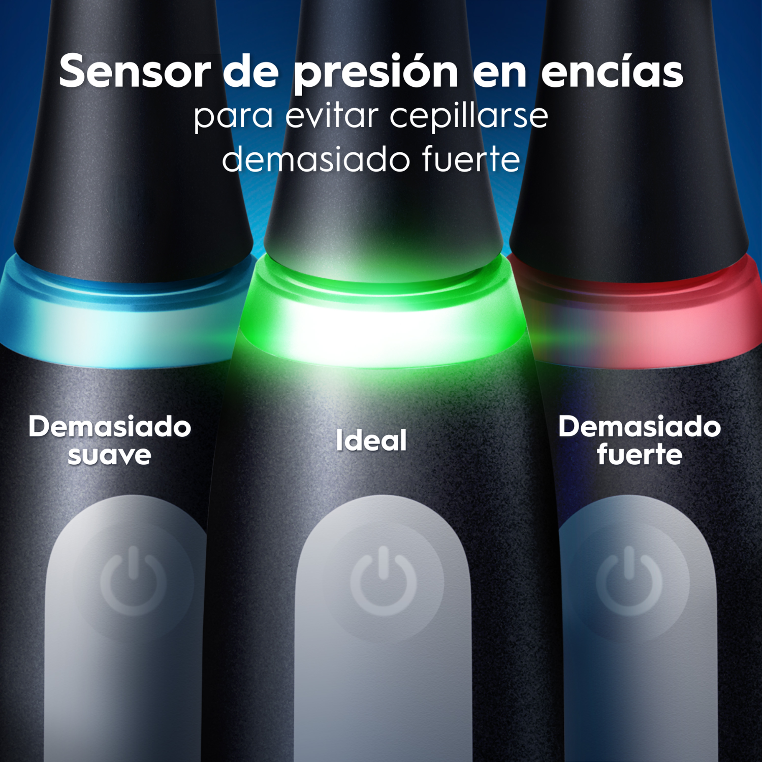 Tres cepillos de dientes eléctricos con anillos de luz azul, verde y rojo para el sensor de presión.