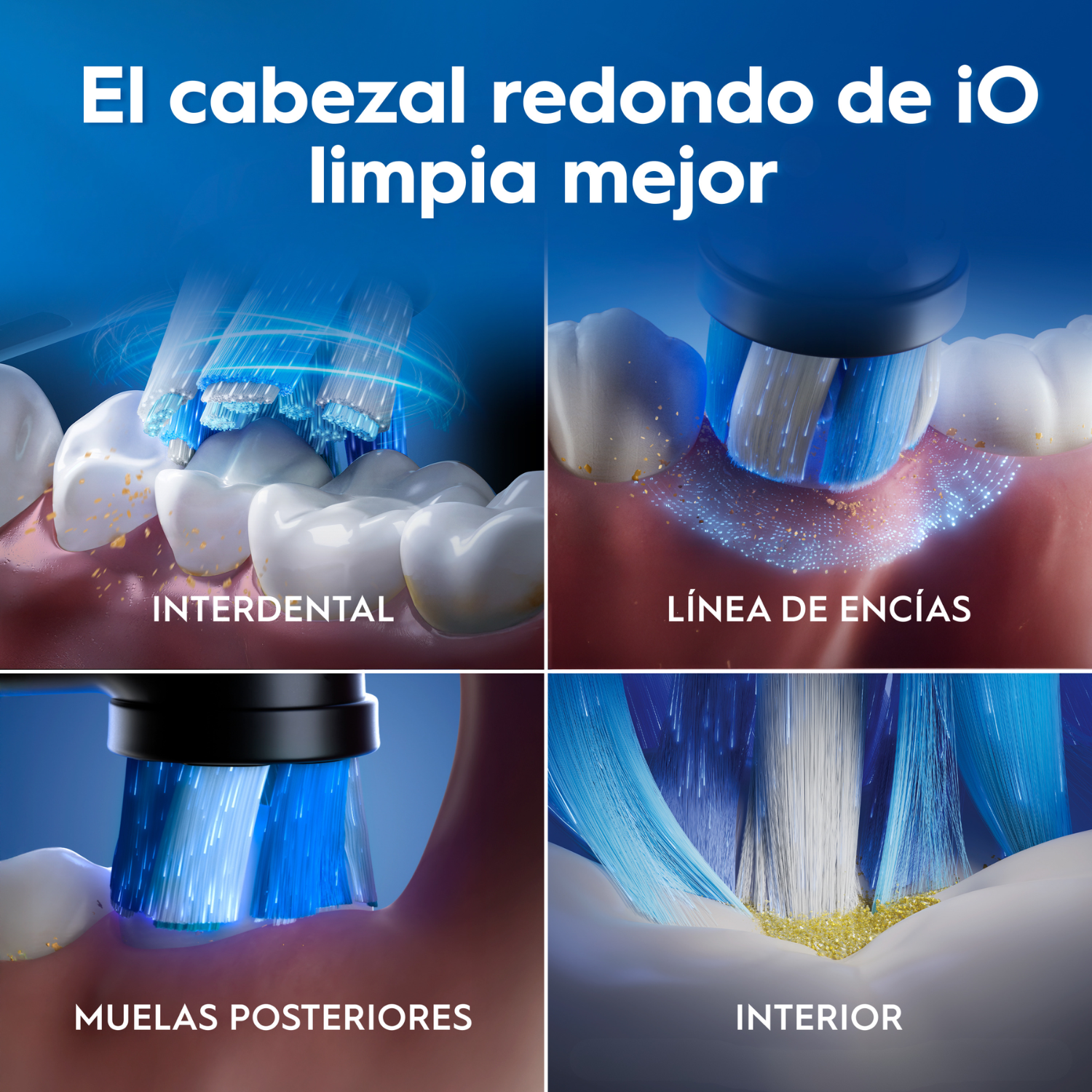 Cuatro imágenes muestran el cabezal redondo iO limpiando espacios interdentales, línea de encías, muelas.