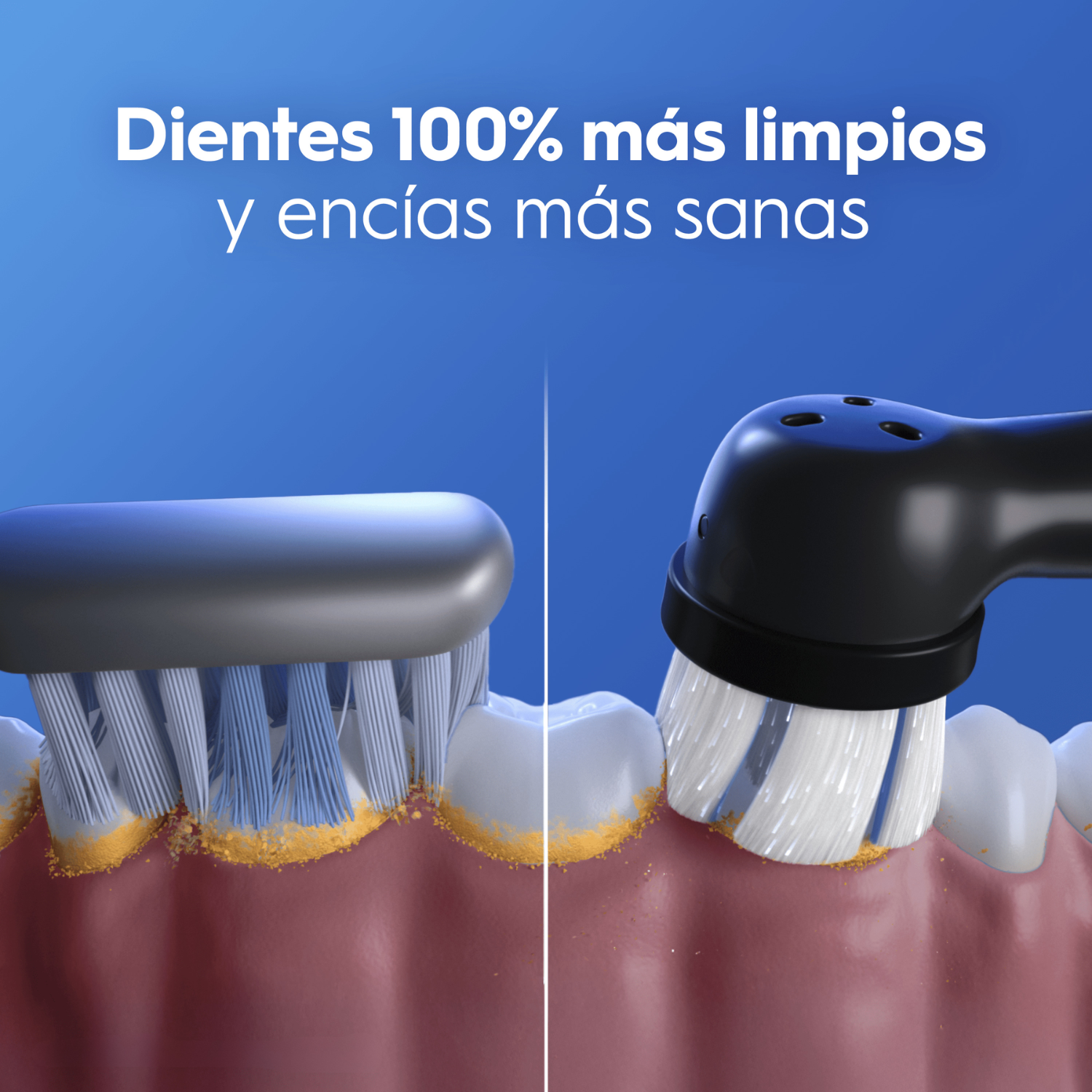 Comparación de cepillo manual y eléctrico redondo limpiando dientes y placa sobre fondo azul.