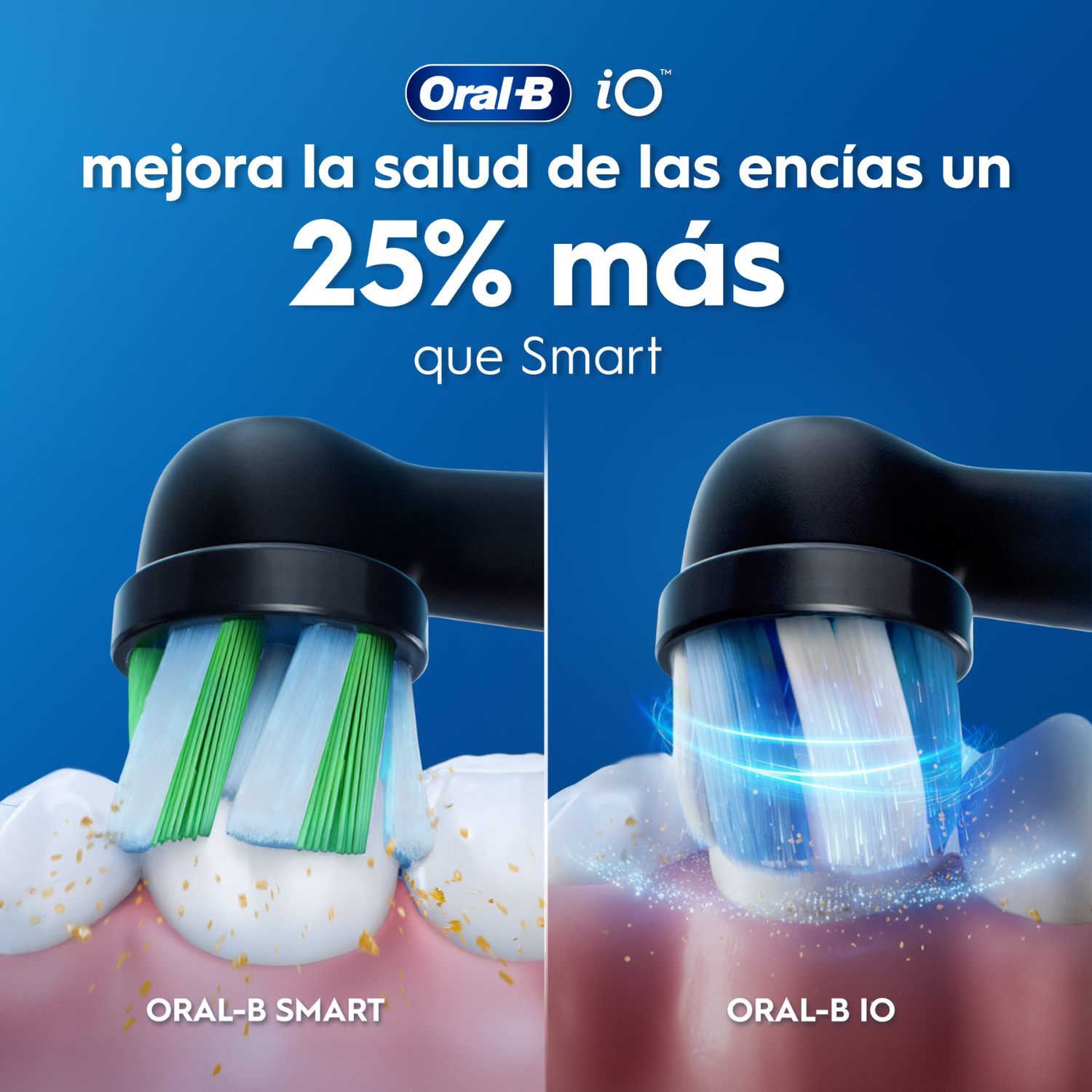 Comparación de los cabezales Oral-B Smart y iO limpiando dientes.