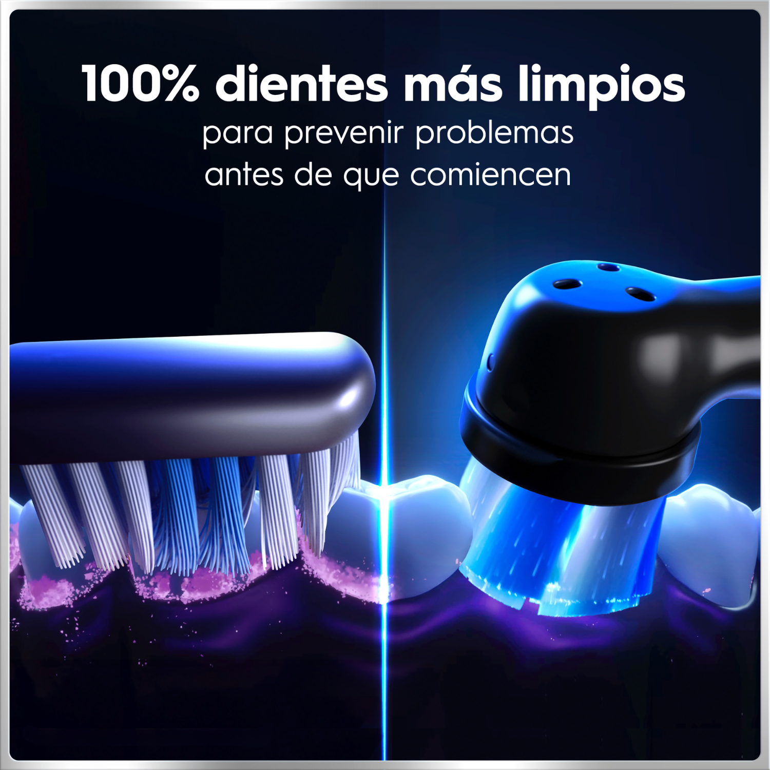Comparación de dos cepillos de dientes limpiando dientes sobre fondo oscuro con texto.