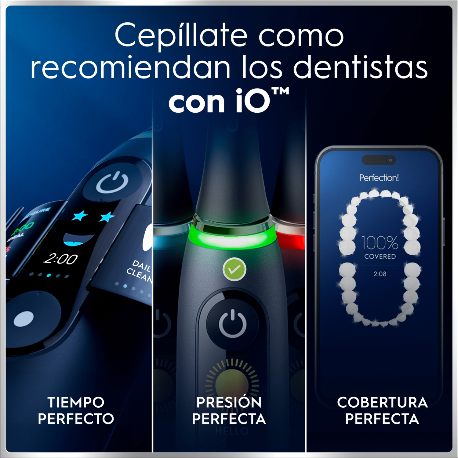 Un cepillo eléctrico y un móvil muestran cobertura dental y funciones de cepillado perfecto.