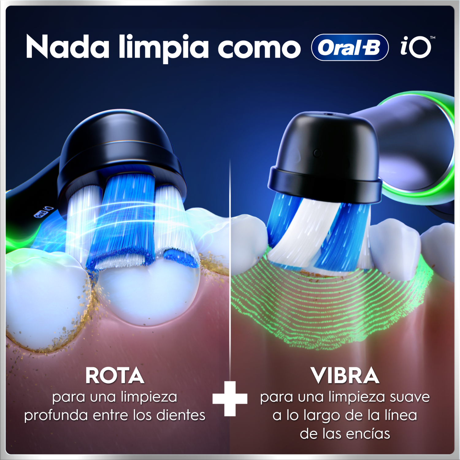 Cepillo Oral-B iO con cerdas giratorias y vibrantes para limpiar dientes y encías.