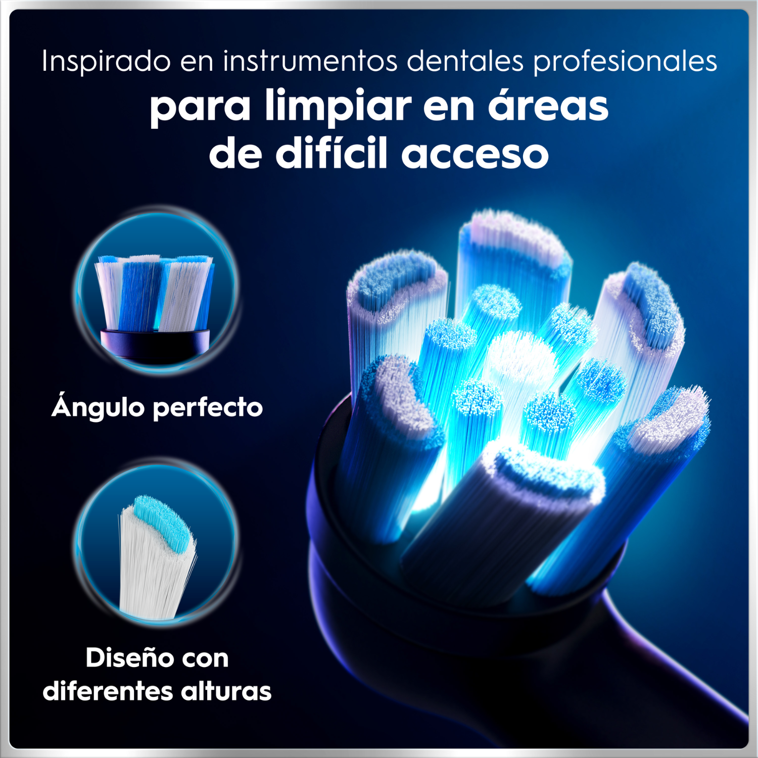 Primer plano de un cabezal de cepillo dental eléctrico azul con cerdas escalonadas y texto en español.