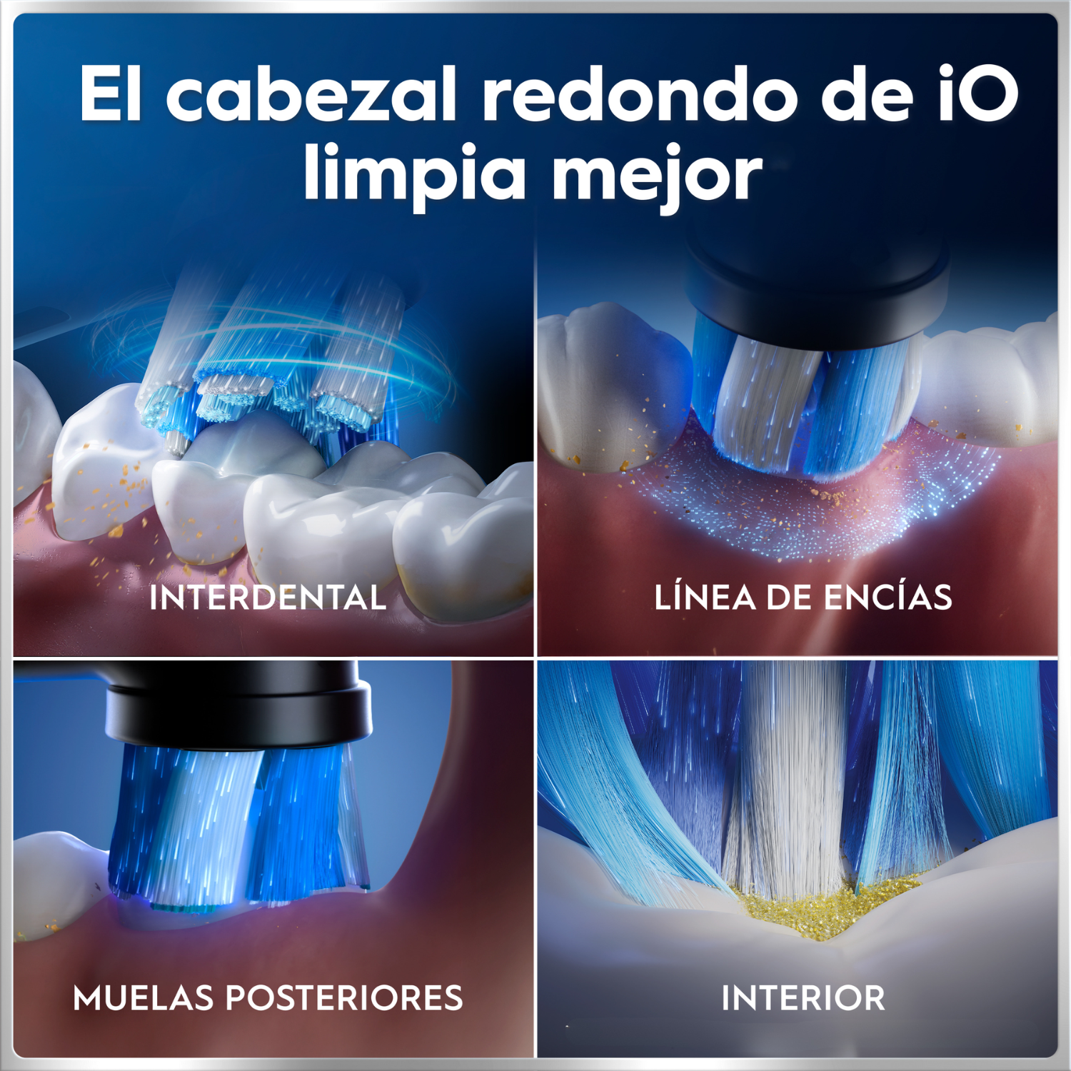 Cuatro imágenes muestran la limpieza de diferentes zonas dentales con un cepillo eléctrico.