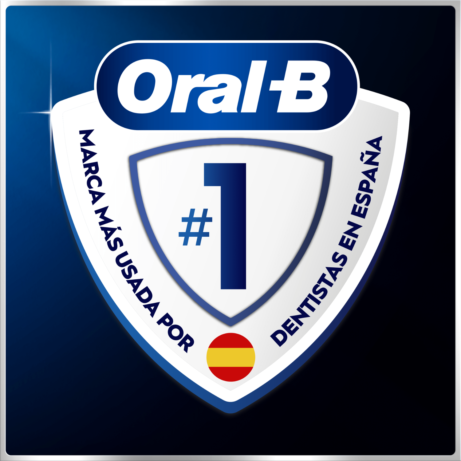 Logotipo de Oral-B en escudo con el número uno, bandera de España y texto sobre fondo azul.