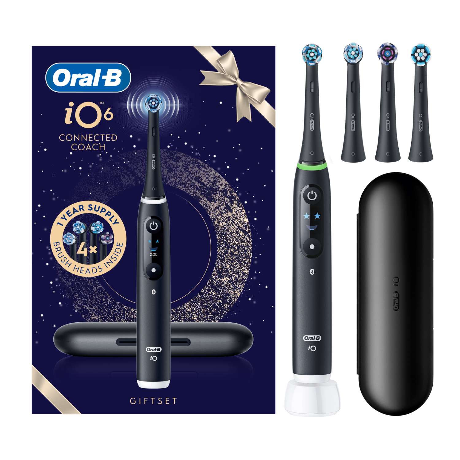 Set de regalo Oral-B iO6 en azul con cepillo negro, cuatro cabezales, cargador y estuche.