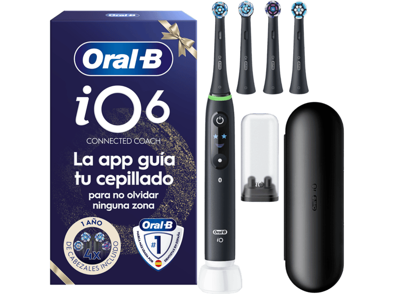 Cepillo eléctrico - Oral-B iO 6S, 5 modos, Seguimiento con app, Pantalla interactiva, Sensor de presión, 4 cabezales, Negro mate, Edición Navidad