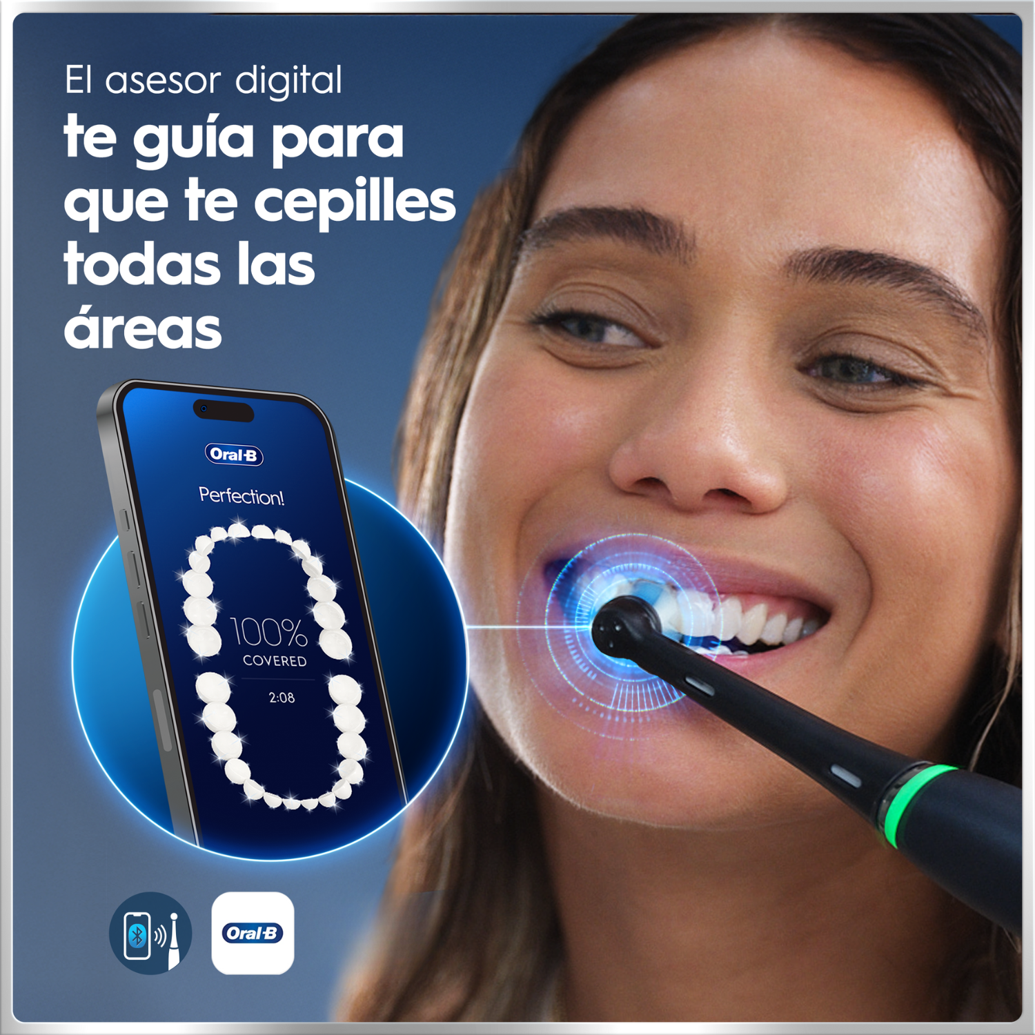 Una mujer se cepilla los dientes con un cepillo eléctrico mientras una aplicación móvil muestra el progreso.
