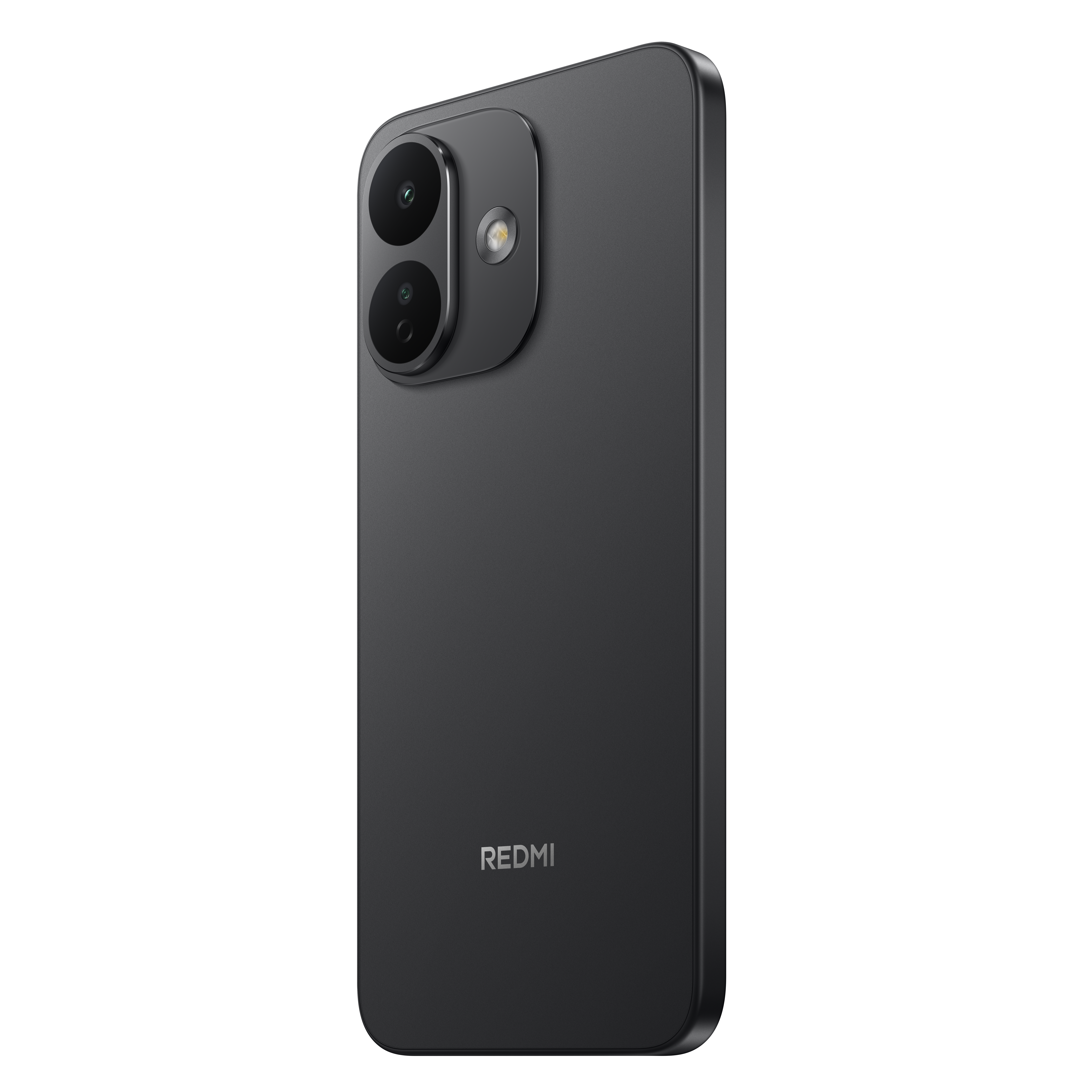 İki kameralı ve alt kısımda marka logosu bulunan siyah bir Redmi akıllı telefonun arkası.