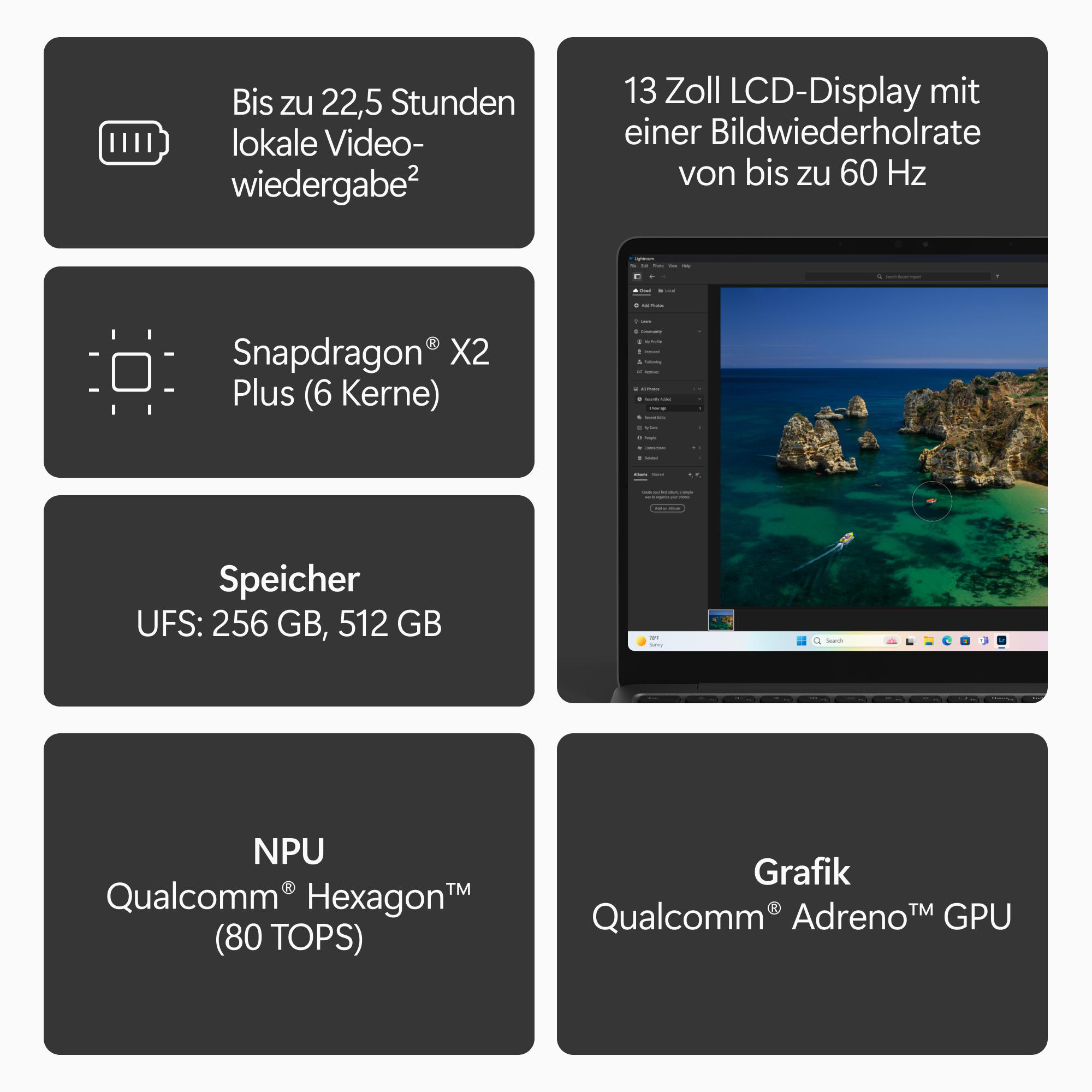 MICROSOFT Surface Laptop 13 Notebook, 13 Zoll, Qualcomm Snapdragon X2 Plus Prozessor, 16 GB, 256 GB, Windows 11 Home, Adreno™ Onboard Graphics