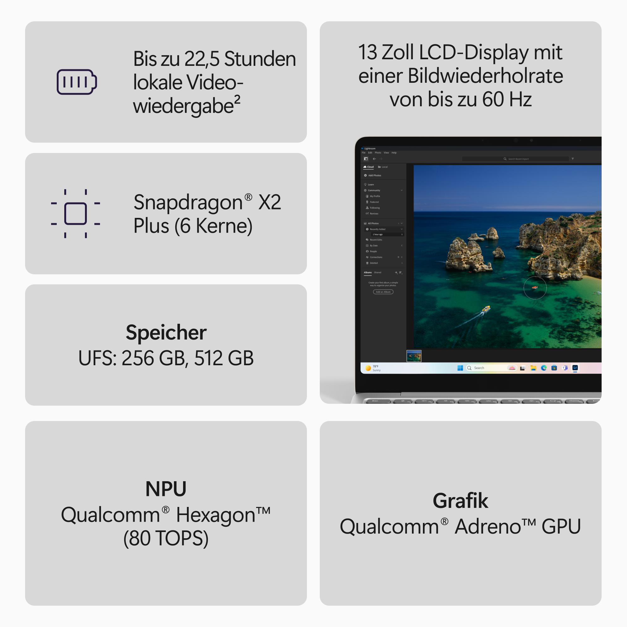 MICROSOFT Surface Laptop 13 Notebook, 13 Zoll, Qualcomm Snapdragon X2 Plus Prozessor, 16 GB, 256 GB, Windows 11 Home, Adreno™ Onboard Graphics