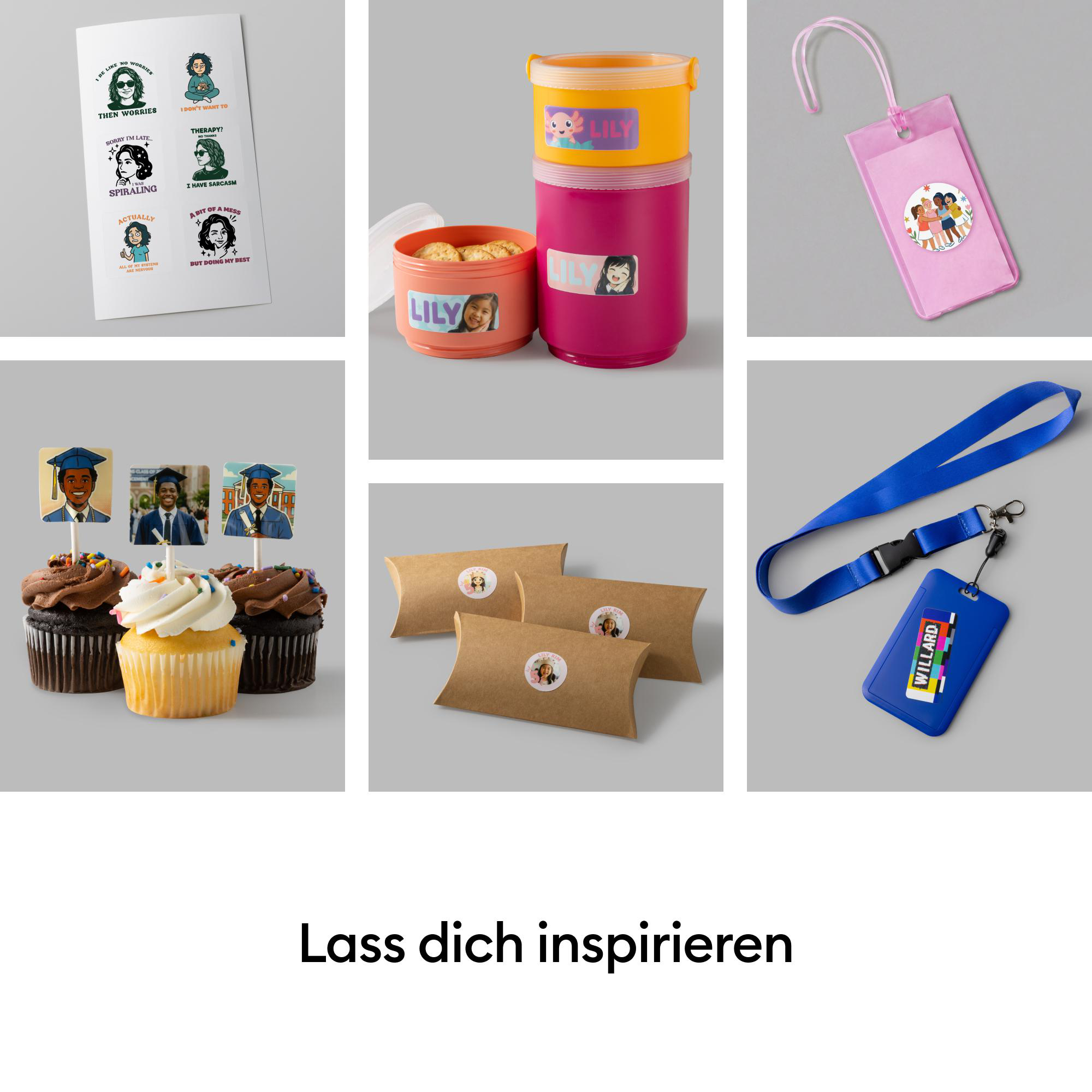 Verschiedene personalisierte Produkte wie Aufkleber, Brotdosen, Cupcake-Topper und Schlüsselbänder mit dem Namen Lily.