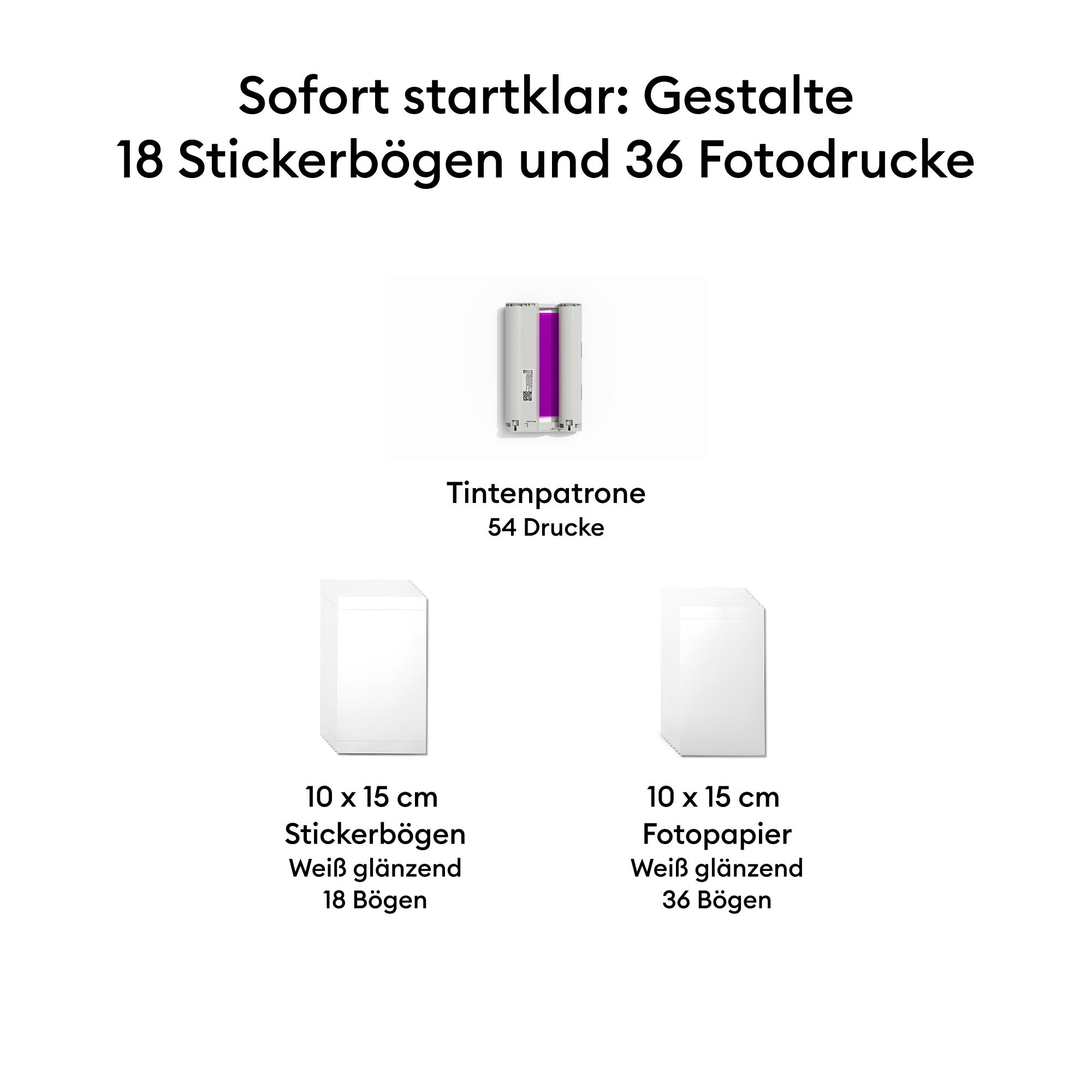 Produktanzeige für Tintenpatrone, 18 Stickerbögen und 36 Fotodrucke, jeweils 10x15 cm.