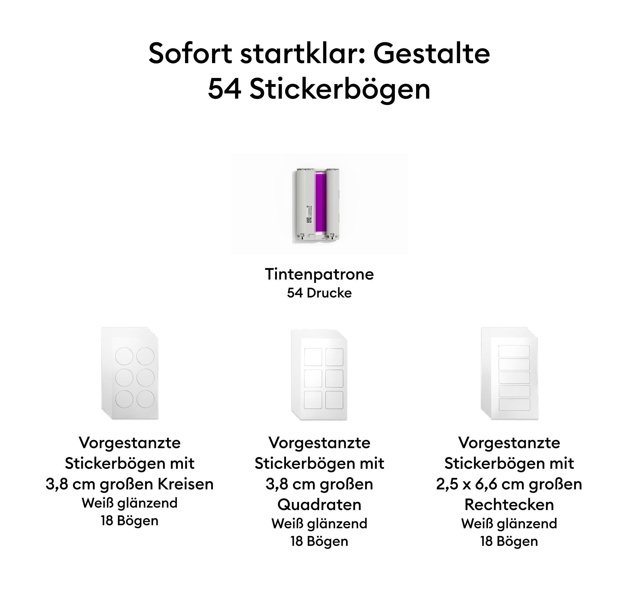 Set mit Tintenpatrone für 54 Drucke und drei Arten vorgestanzter Stickerbögen in Weiß.