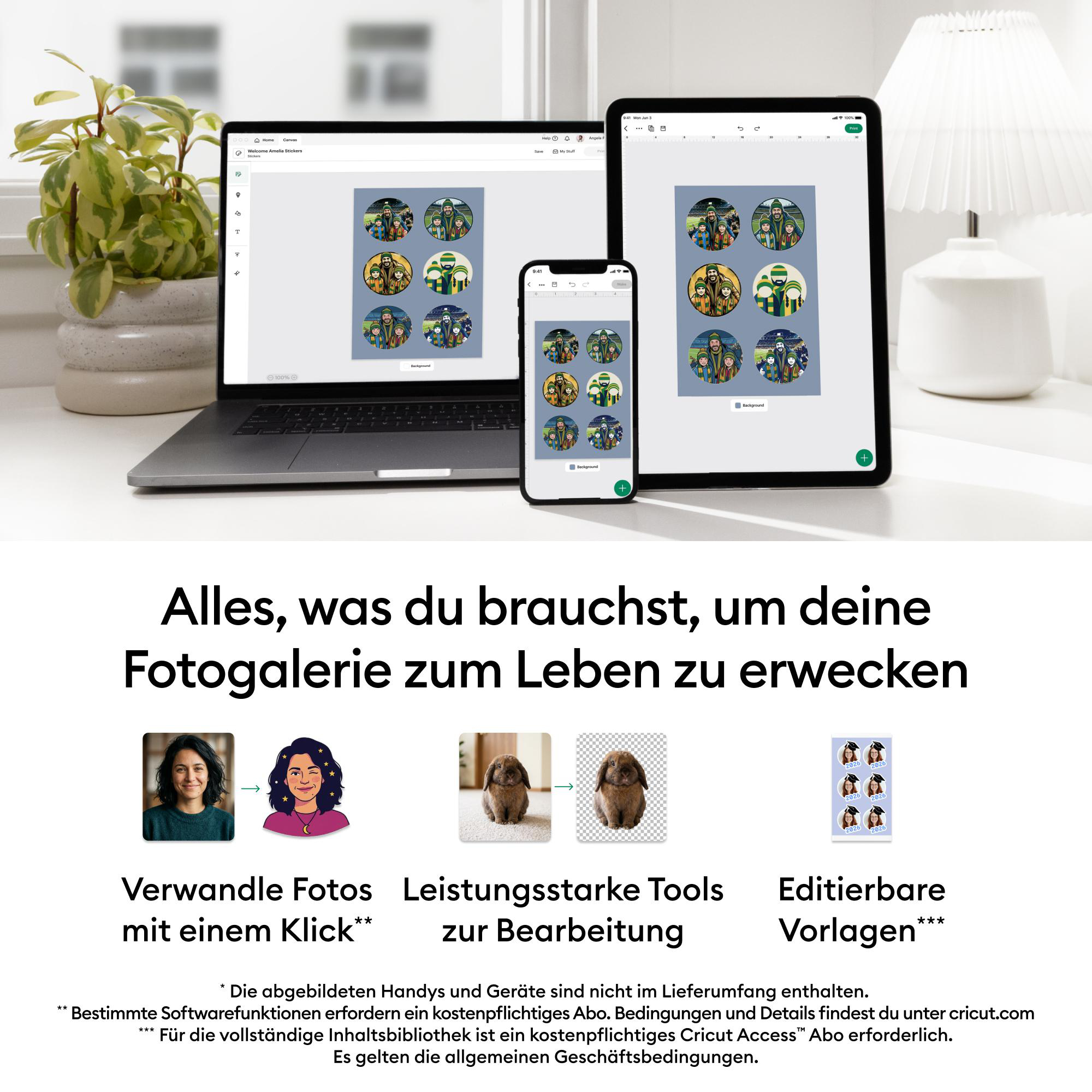 Laptop, Tablet und Smartphone zeigen Fotobearbeitungssoftware mit Sticker-Designs.