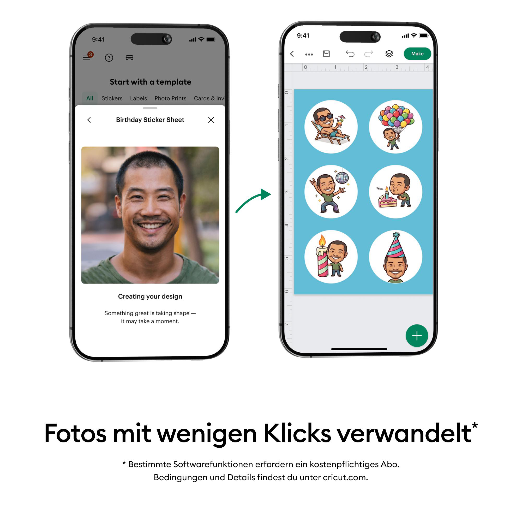 Smartphone-Bildschirme zeigen, wie ein Foto durch eine App in runde Geburtstagssticker mit Karikaturen umgewandelt wird.