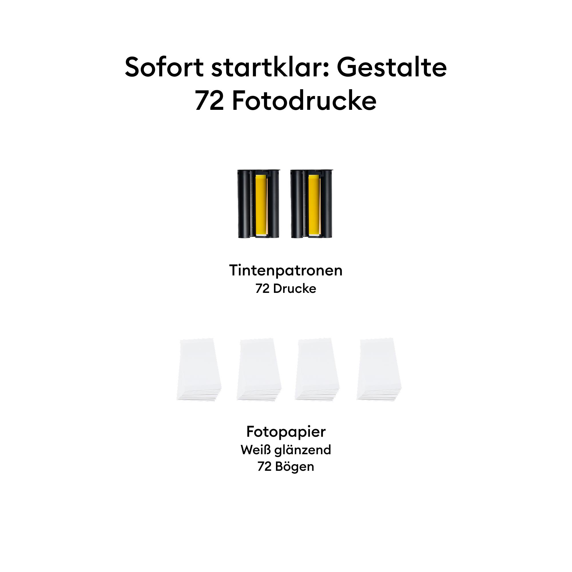 Paket für 72 Fotodrucke mit zwei Tintenpatronen und vier Stapeln weißem Hochglanz-Fotopapier.