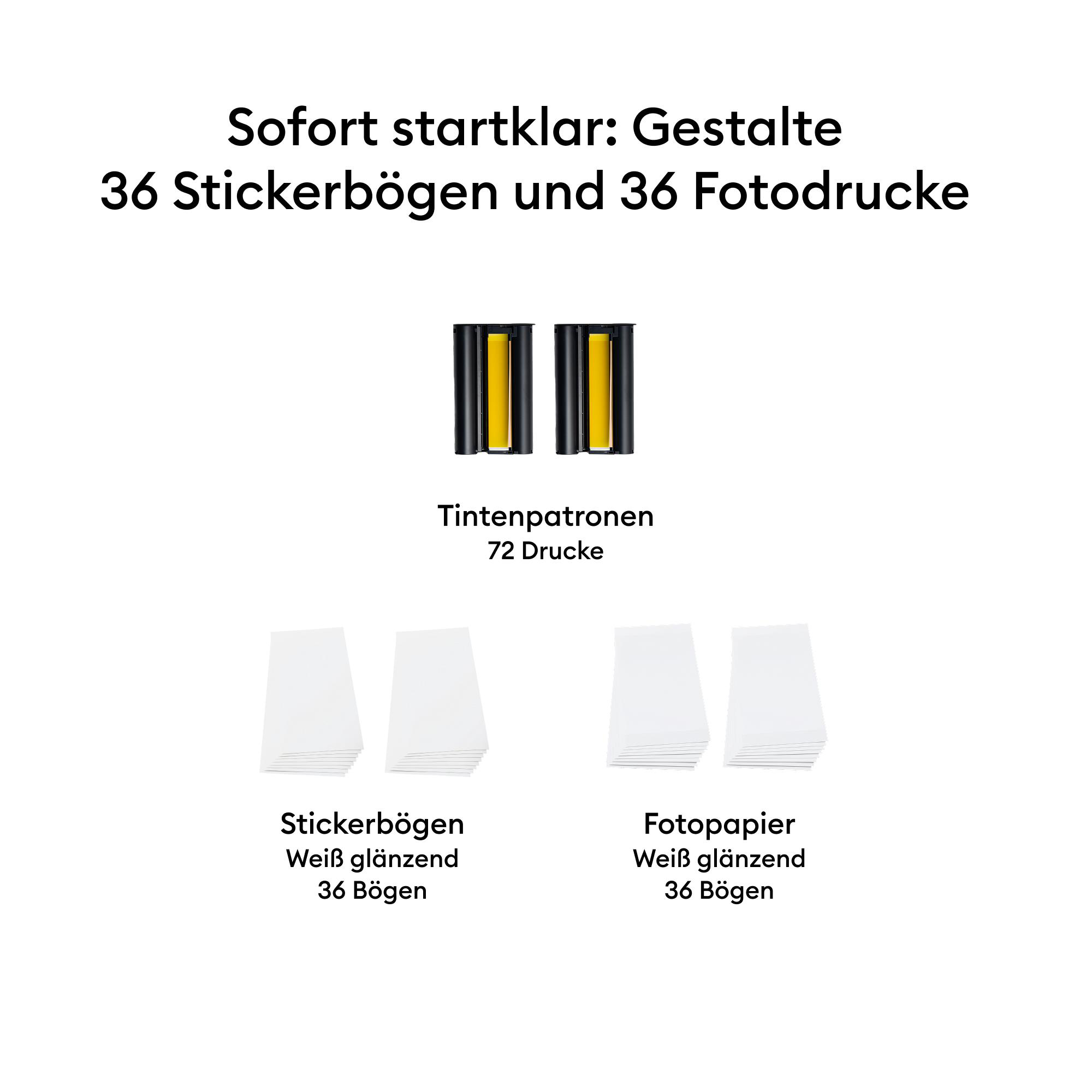 Produktübersicht: 2 Tintenpatronen, 36 Stickerbögen und 36 Fotodrucke, weiß glänzend.