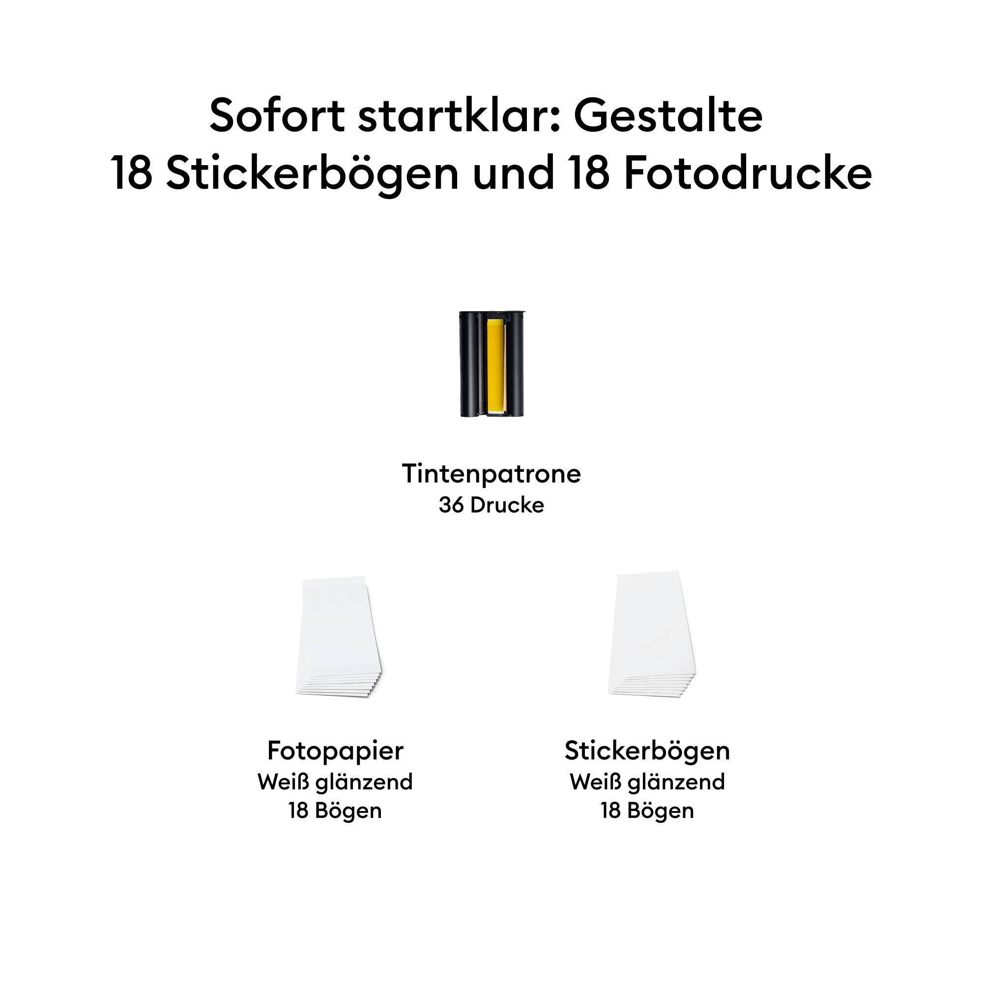 Produktset mit einer Tintenpatrone, 18 glänzenden Fotopapieren und 18 glänzenden Stickerbögen.