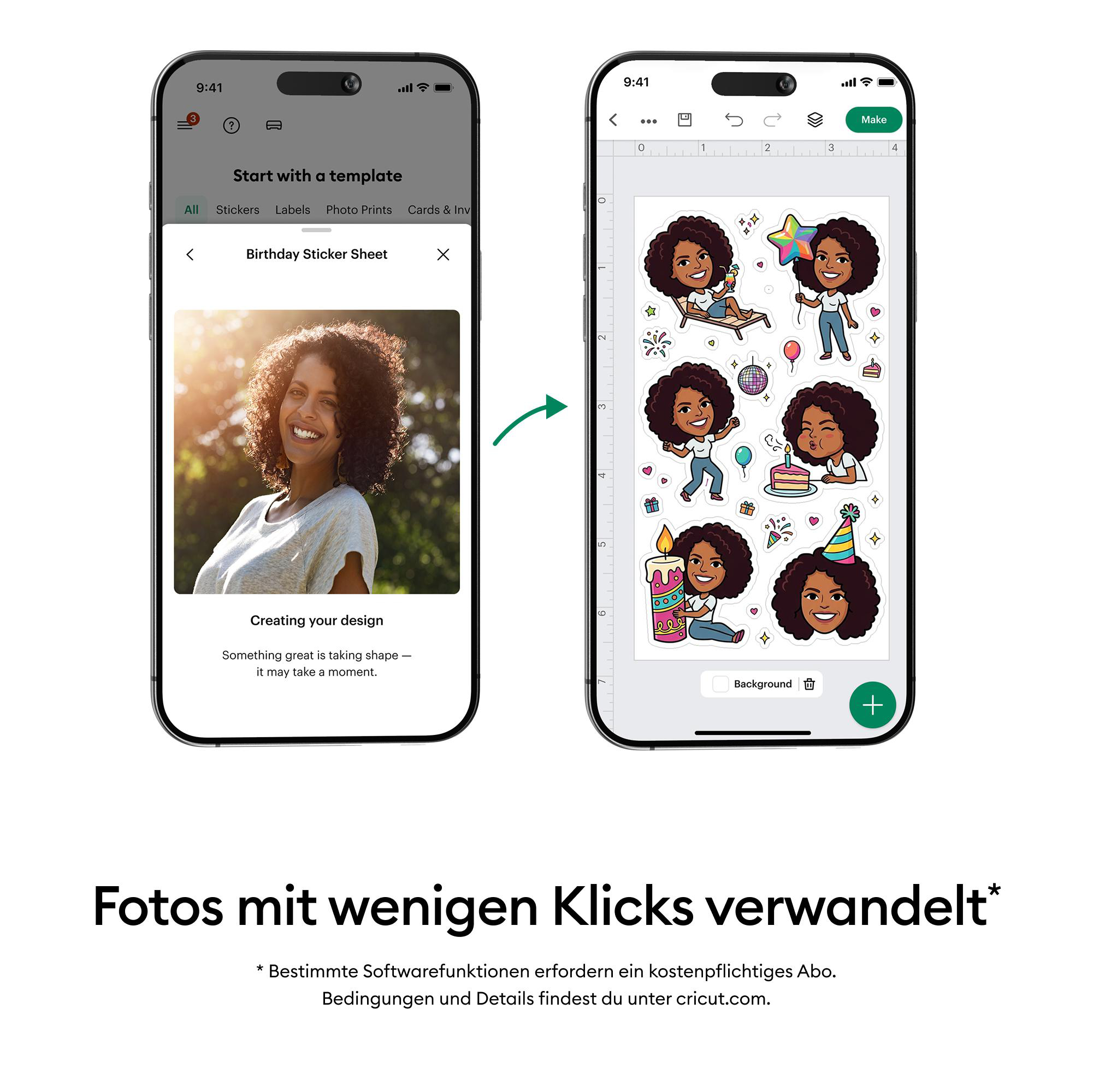 Zwei Smartphones zeigen ein Foto, das sich in ein Aufkleberblatt-Design verwandelt, mit deutschem Text darunter.