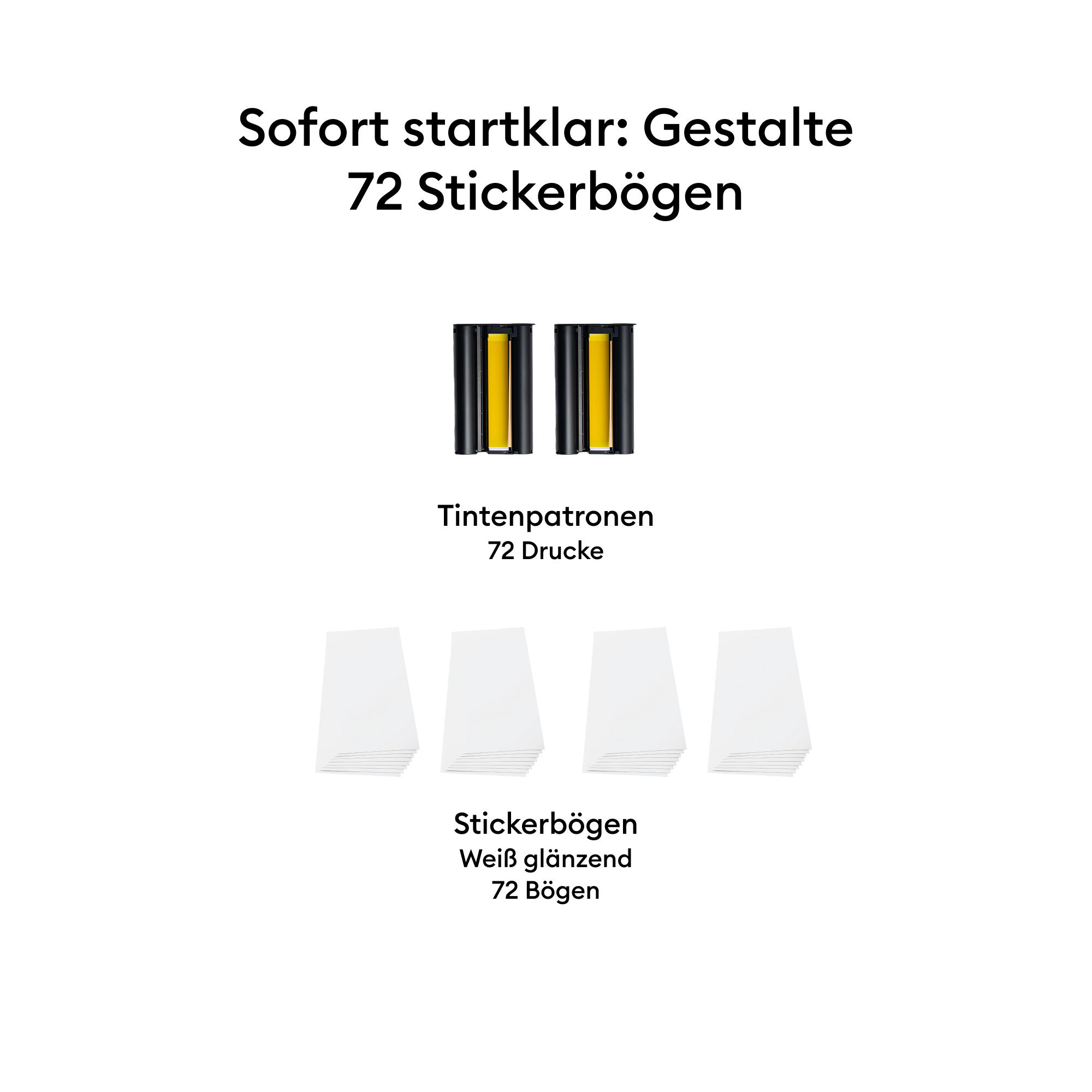 Paket mit 2 Tintenpatronen und 72 weißen glänzenden Stickerbögen für 72 Drucke.