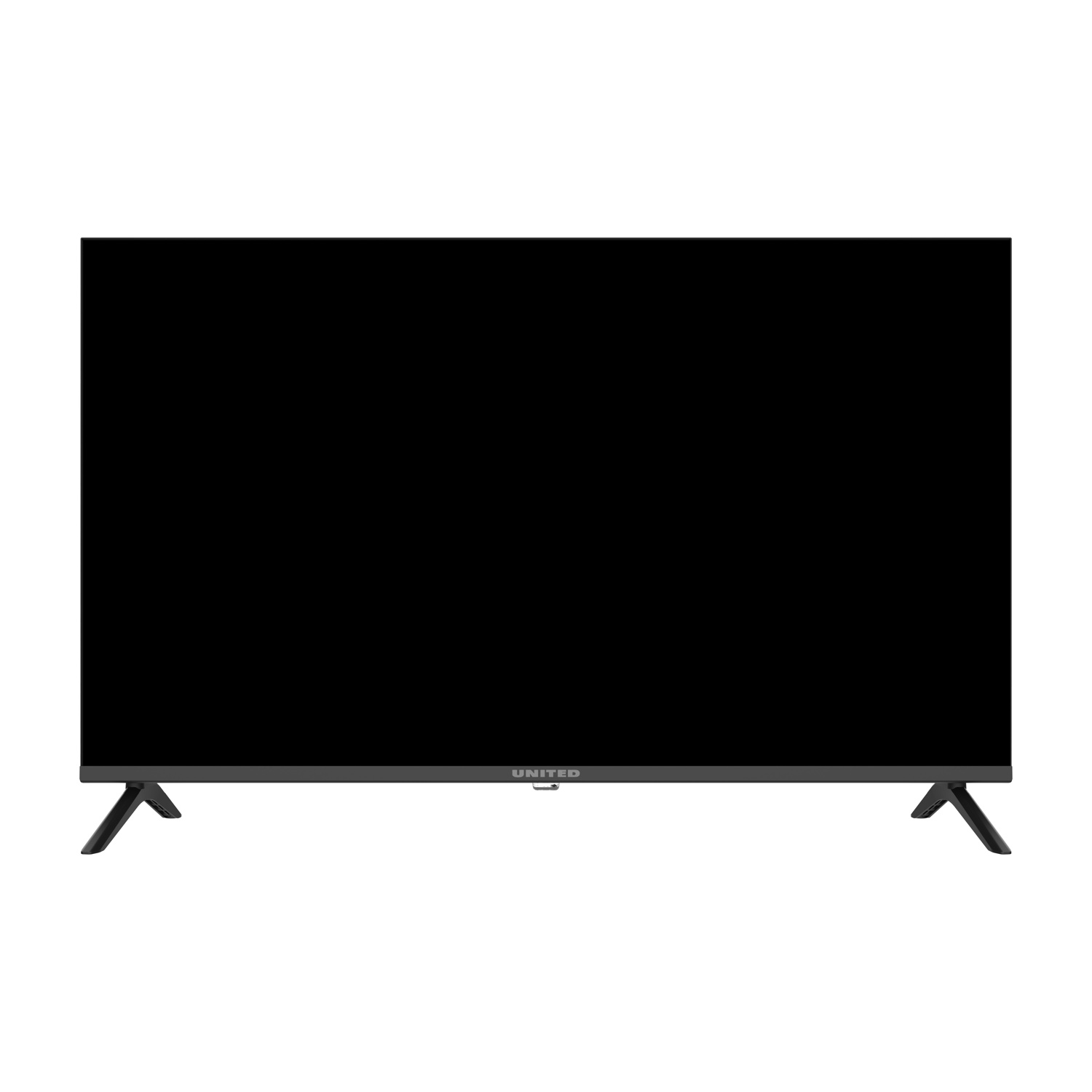 Una TV nera United con cornice sottile poggia su due piedini a V su sfondo bianco.