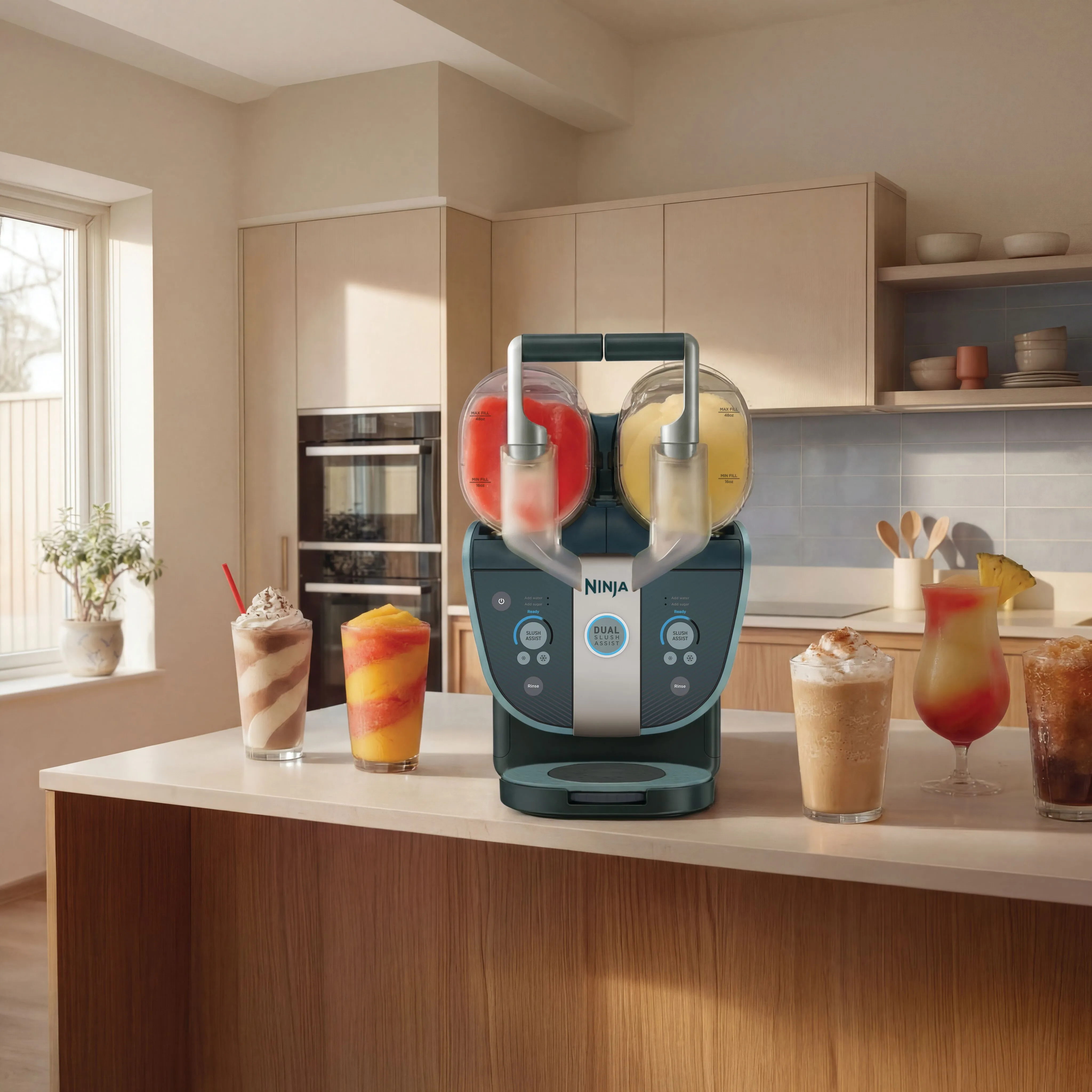 Eine Ninja-Slush-Maschine auf einer Küchentheke mit bunten Drinks und Milchshakes.