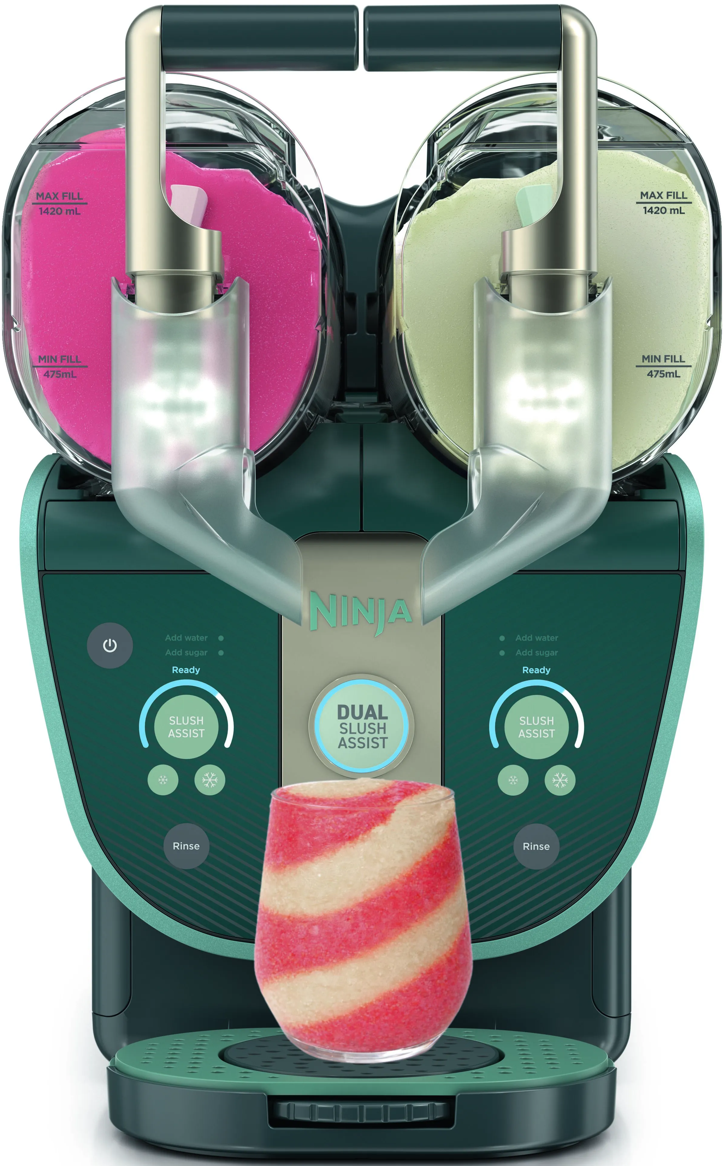 Grüne Ninja-Slush-Maschine mit zwei Kammern für rosa und hellgrünes Eis, mit einem Glas mit gemischtem Slush.