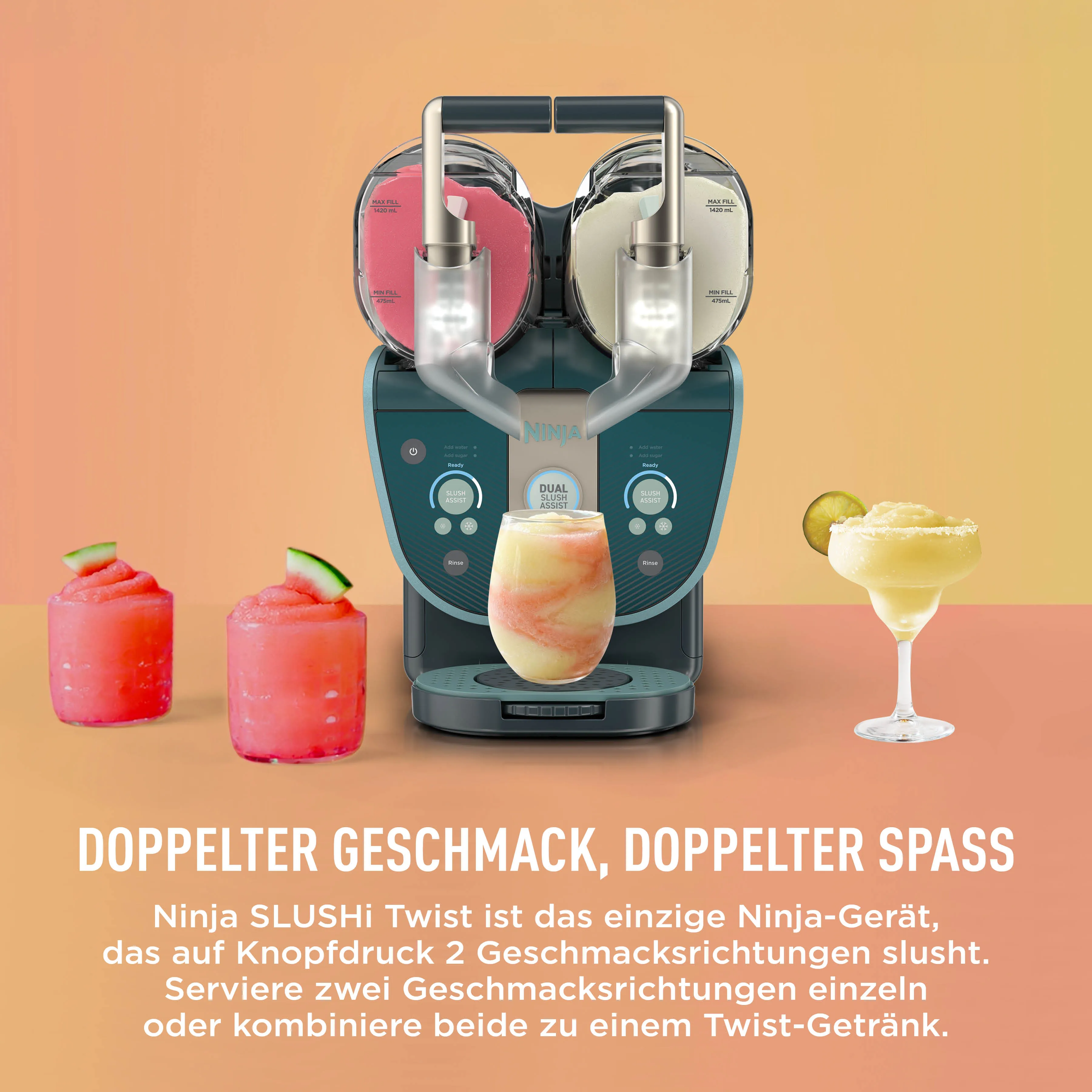 Ninja Slushi Twist Gerät mit zwei Kammern und drei bunten Slushi-Gläsern auf einem orangefarbenen Hintergrund.