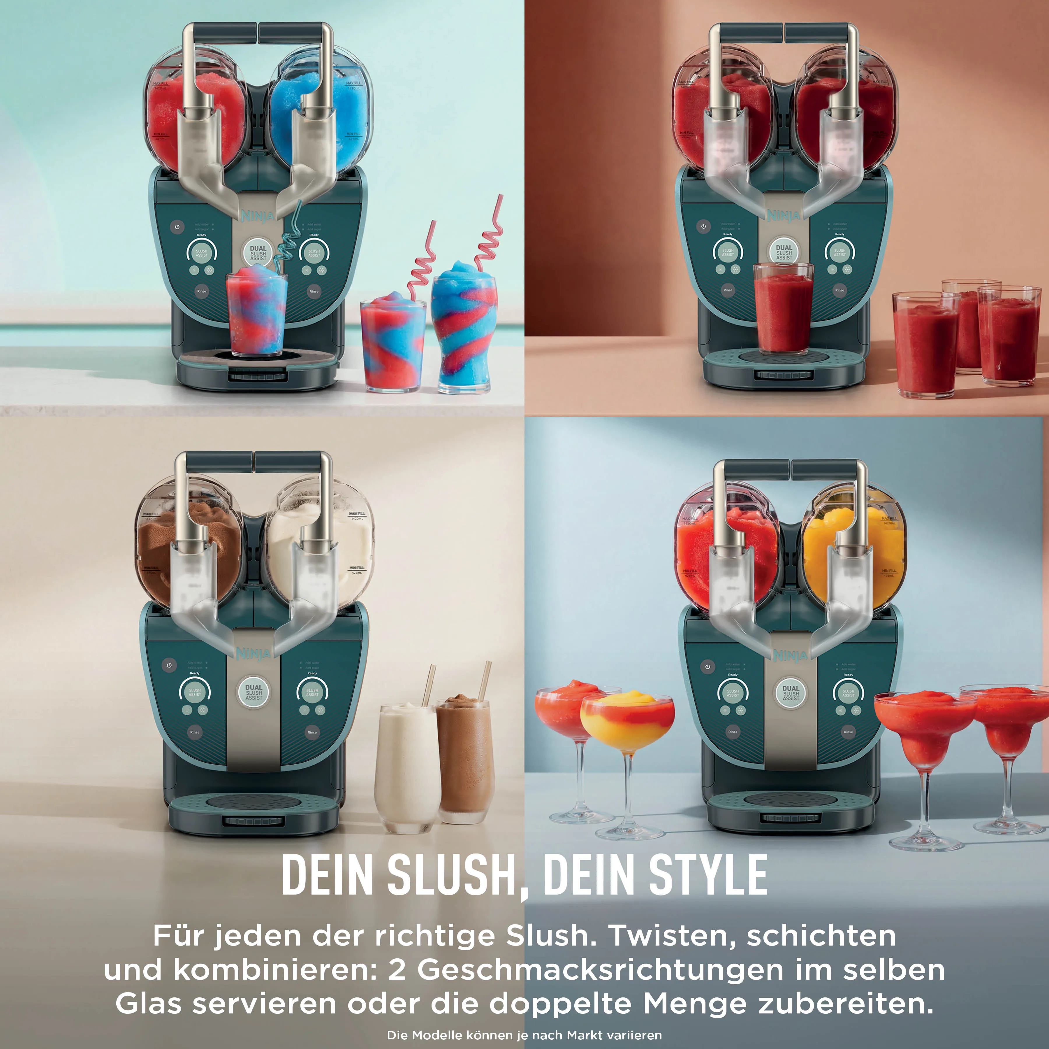 Ein Ninja Slush-Maker mit zwei Behältern bereitet farbige Slush-Getränke in verschiedenen Gläsern vor.