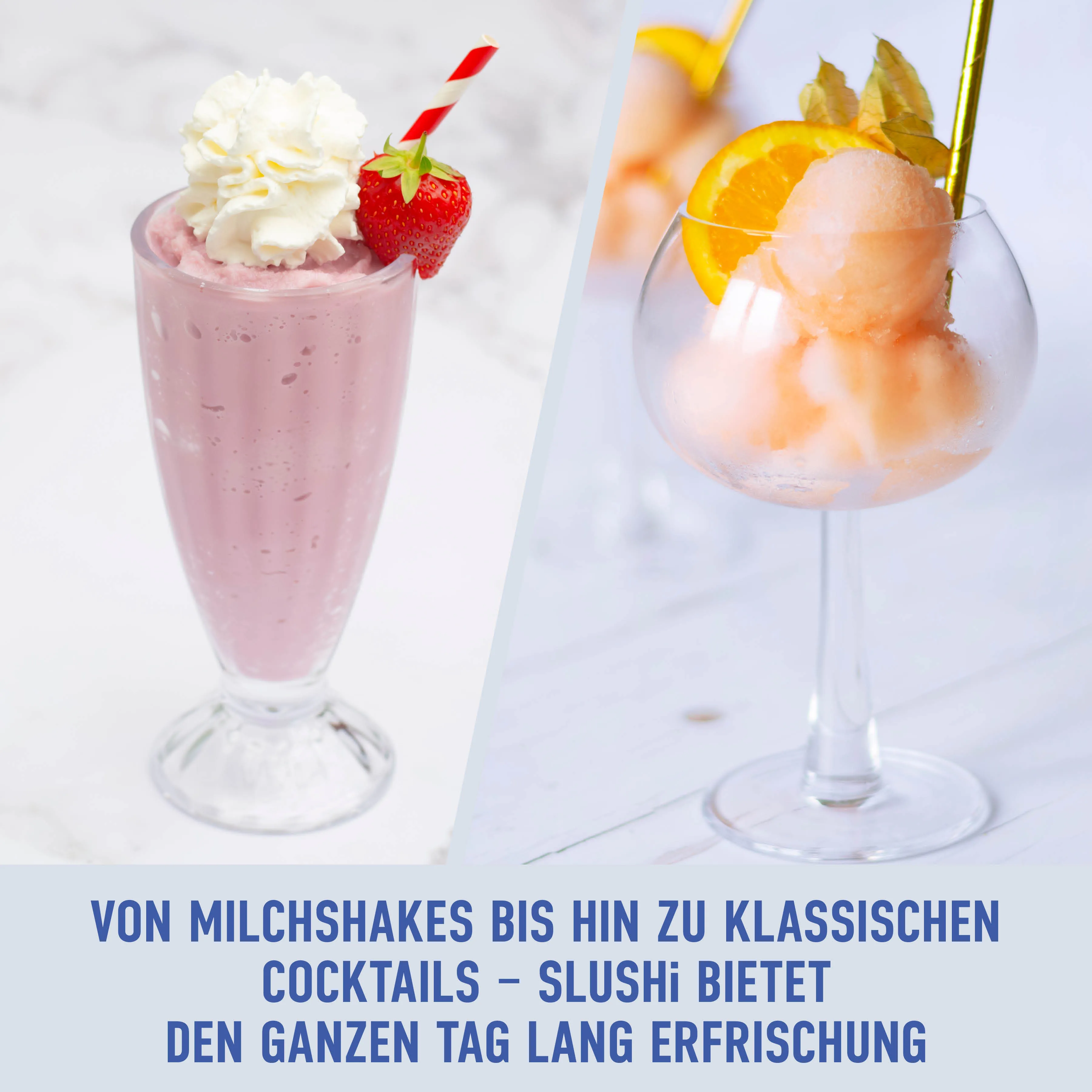 Ein rosafarbener Milchshake mit Sahne und Erdbeere links und ein orangefarbener Cocktail mit Früchten rechts.
