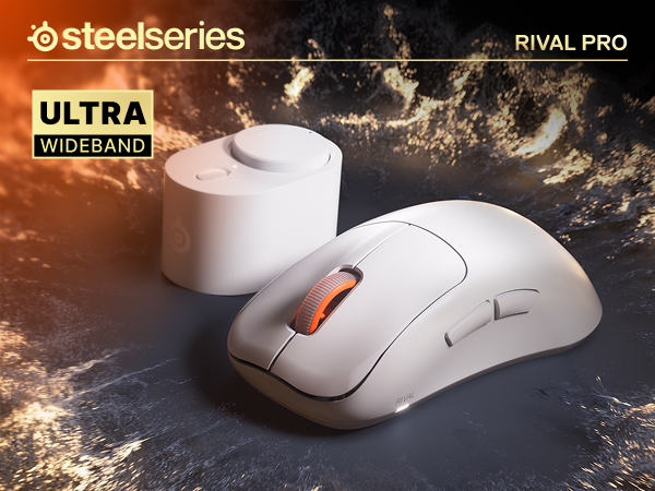Biała mysz i stacja dokująca SteelSeries Rival Pro na ciemnym tle z teksturą.