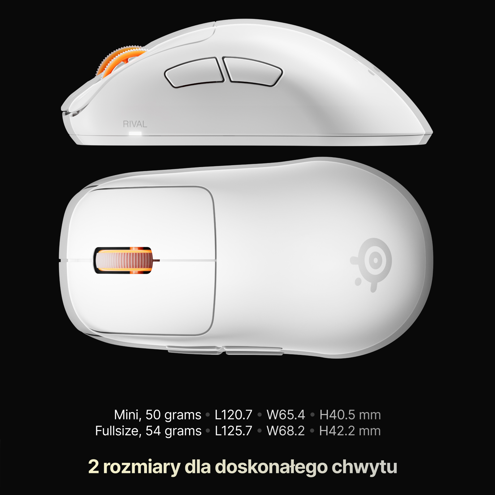 Biała mysz gamingowa w dwóch widokach z pomarańczową rolką i specyfikacją.